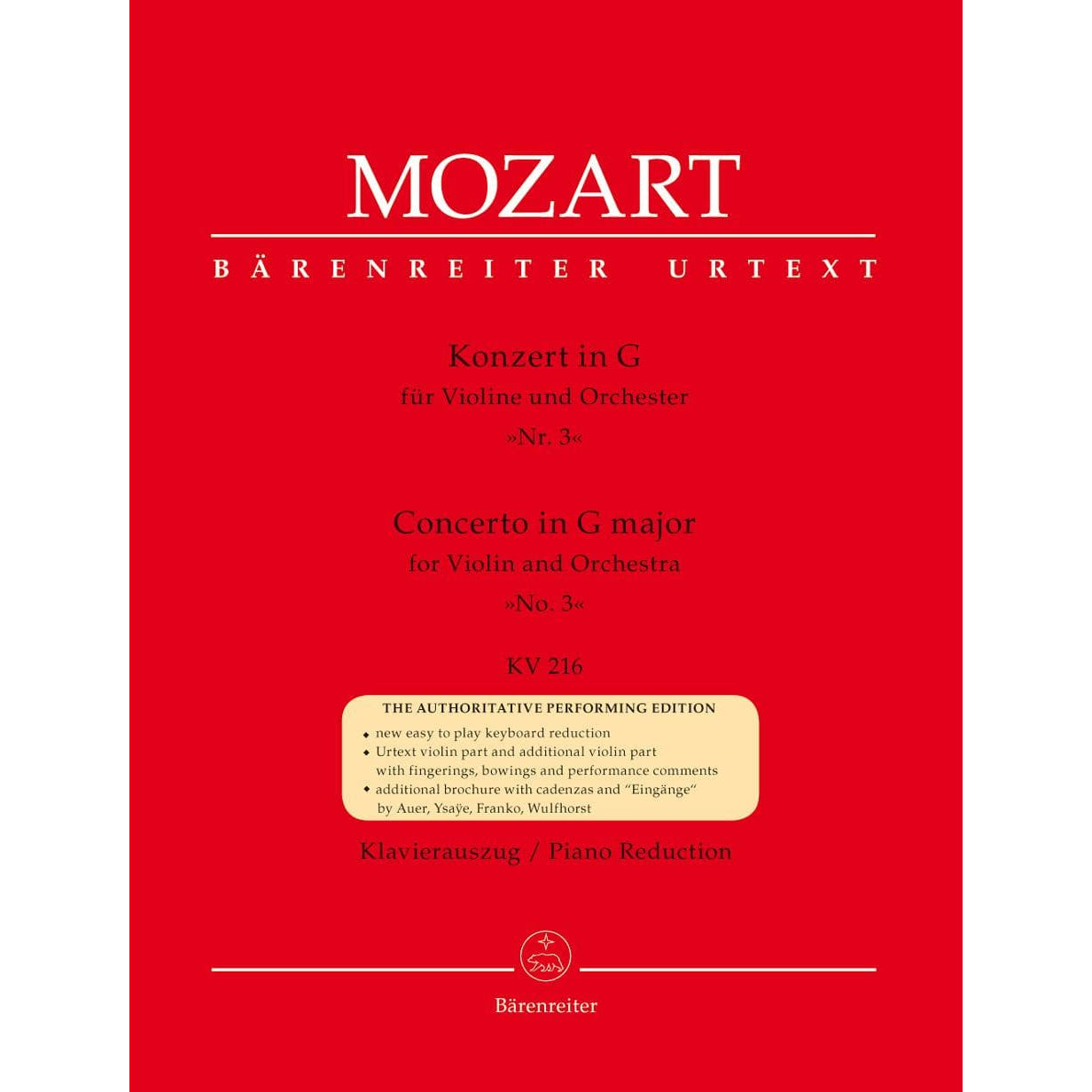 Mozart, WA - Concerto No 3 in G Major, K 216 - Violin and Piano - edited by Christoph Hellmut Mahling - Bärenreiter Verlag URTEXT