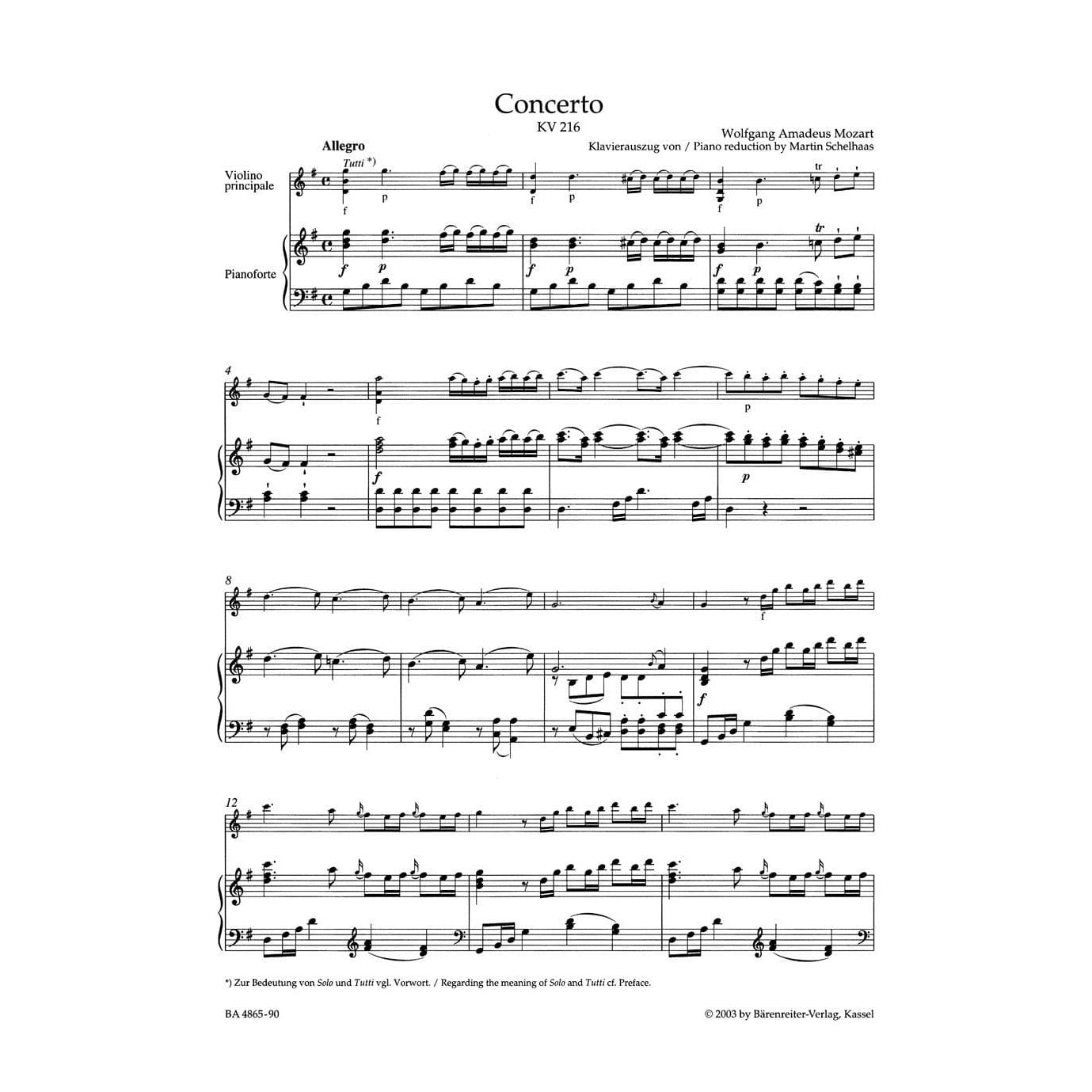 Mozart, WA - Concerto No 3 in G Major, K 216 - Violin and Piano - edited by Christoph Hellmut Mahling - Bärenreiter Verlag URTEXT