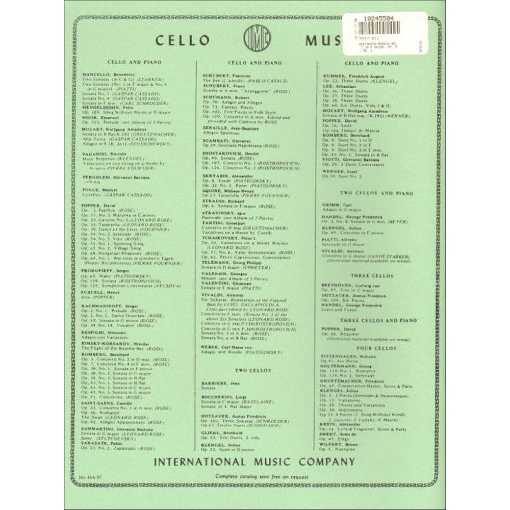 Beethoven, Ludwig - Sonata No 1 in F Major Op 5 for Cello and Piano - Arranged by Fournier - International Edition