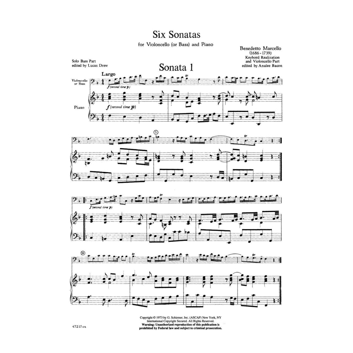 Marcello, Benedetto - Six Sonatas - Cello (or Bass) and Piano - edited by Analee Bacon and Lucas Drew - G Schirmer Edition