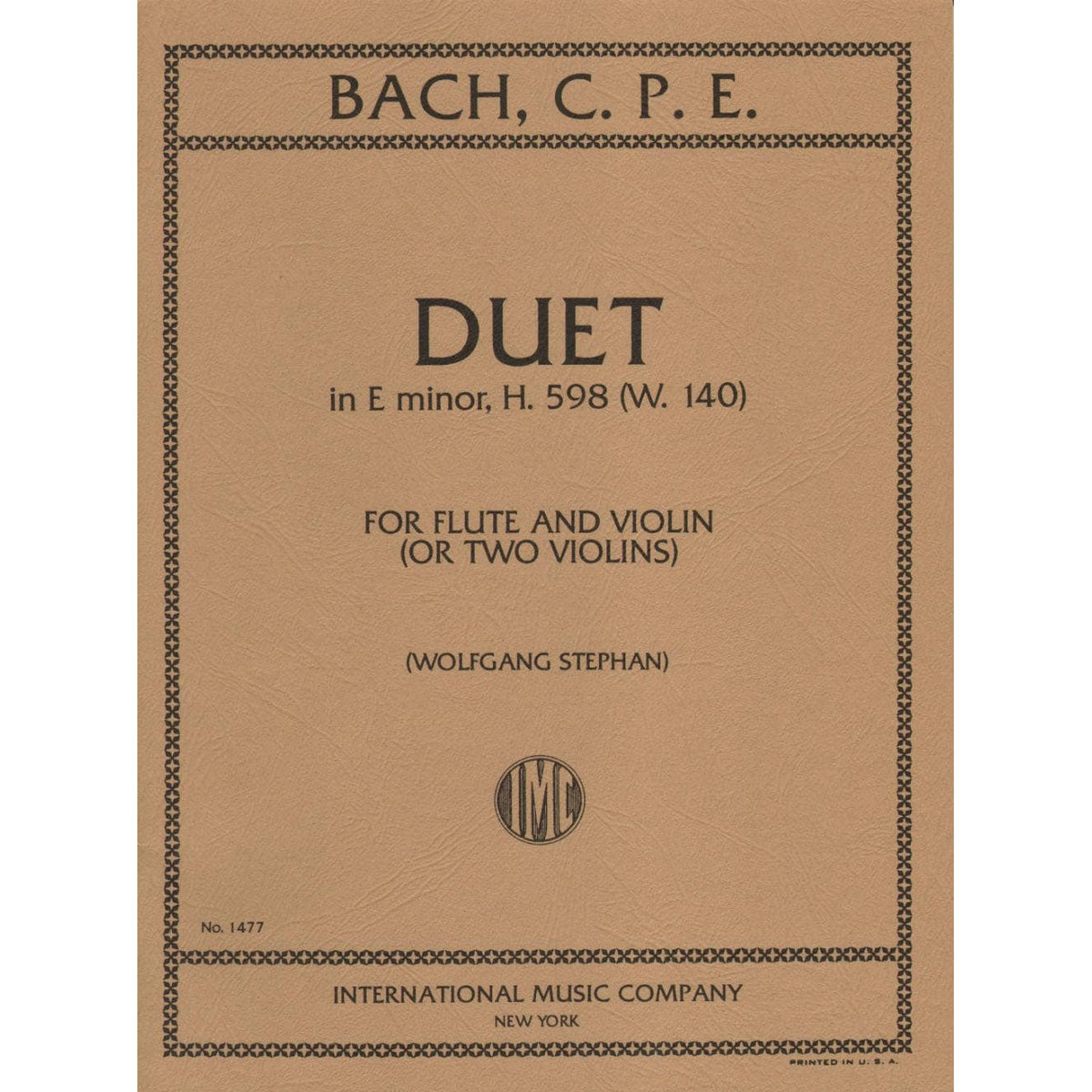 Bach, CPE - Duet in e minor/G Major, H 598, Wq 140 for Flute and Violin (or Two Violins) - International Edition