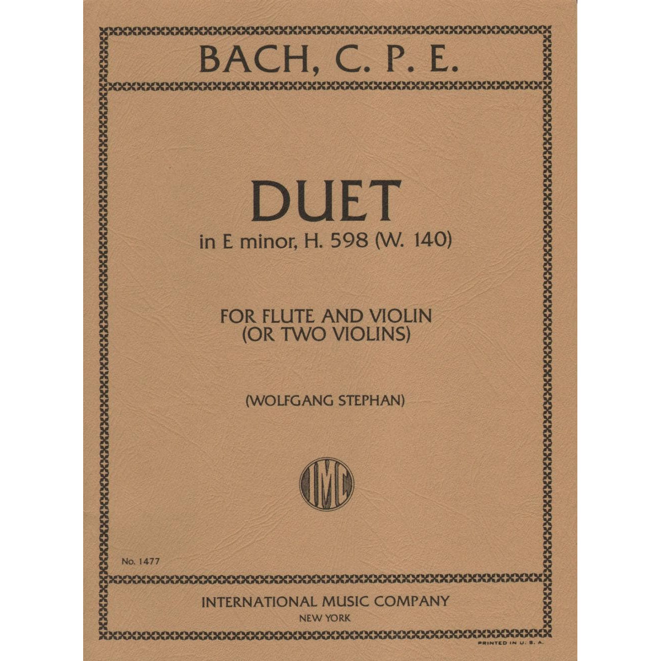 Bach, CPE - Duet in e minor/G Major, H 598, Wq 140 for Flute and Violin (or Two Violins) - International Edition
