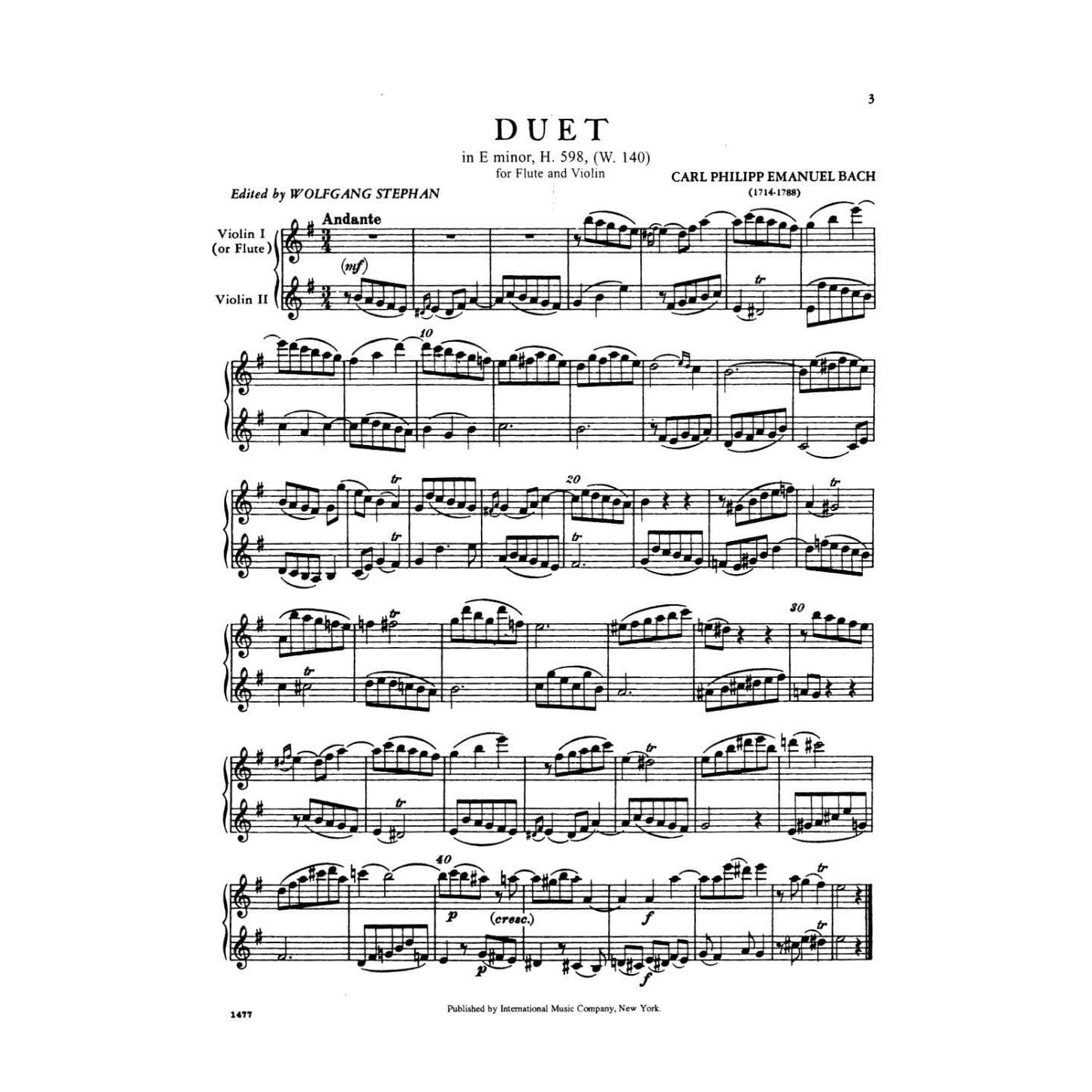 Bach, CPE - Duet in e minor/G Major, H 598, Wq 140 for Flute and Violin (or Two Violins) - International Edition