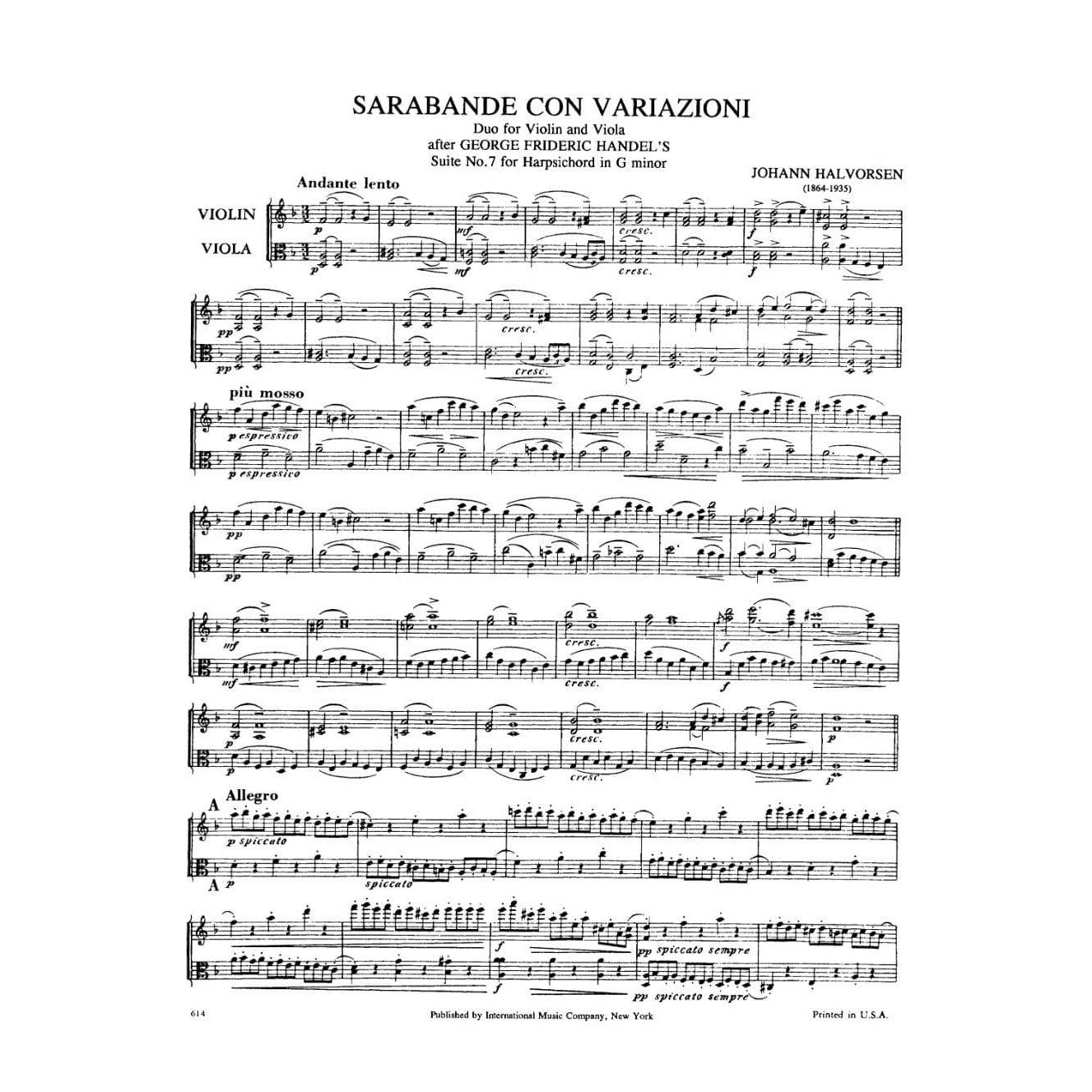 Handel/Halvorsen - Sarabande con Variazioni - Violin and Viola - Score and Parts - International Edition