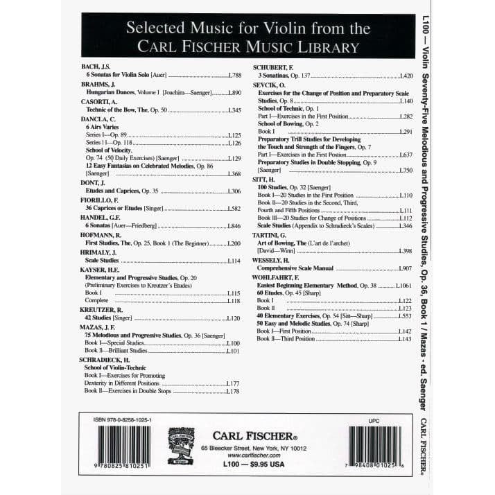 Mazas, JF - 75 Melodious and Progressive Etudes, Op 36 Book 1 - Violin - edited by Saenger - Carl Fischer