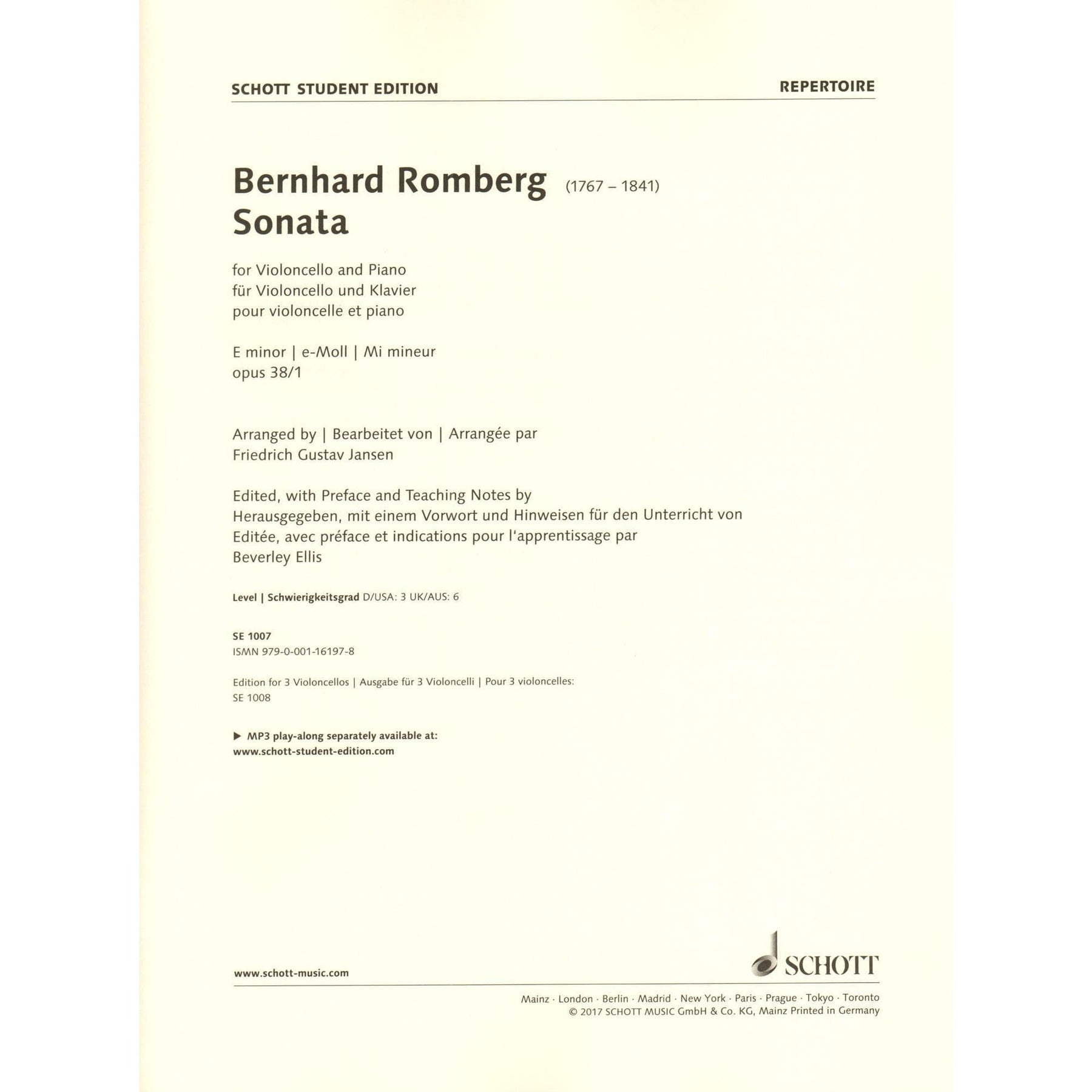 Romberg, Bernhard - Sonata in E minor, Op. 38/1 - for Cello and Piano - arranged by Jansen - edited by Ellis - Schott Student Edition
