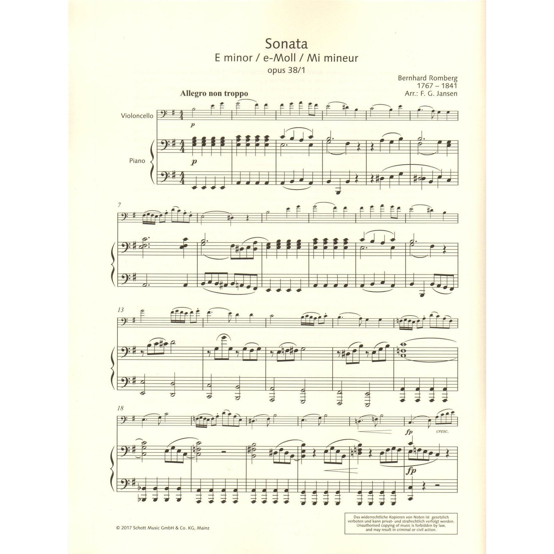 Romberg, Bernhard - Sonata in E minor, Op. 38/1 - for Cello and Piano - arranged by Jansen - edited by Ellis - Schott Student Edition