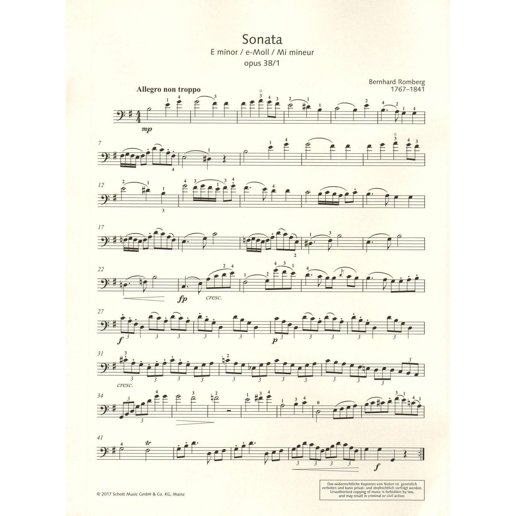 Romberg, Bernhard - Sonata in E minor, Op. 38/1 - for Cello and Piano - arranged by Jansen - edited by Ellis - Schott Student Edition