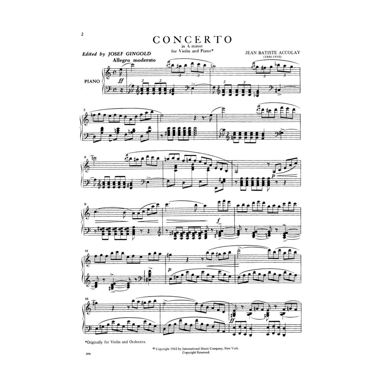 Accolay, JB - Concerto No 1 in a minor for Violin - Arranged by Josef Gingold - International Edition