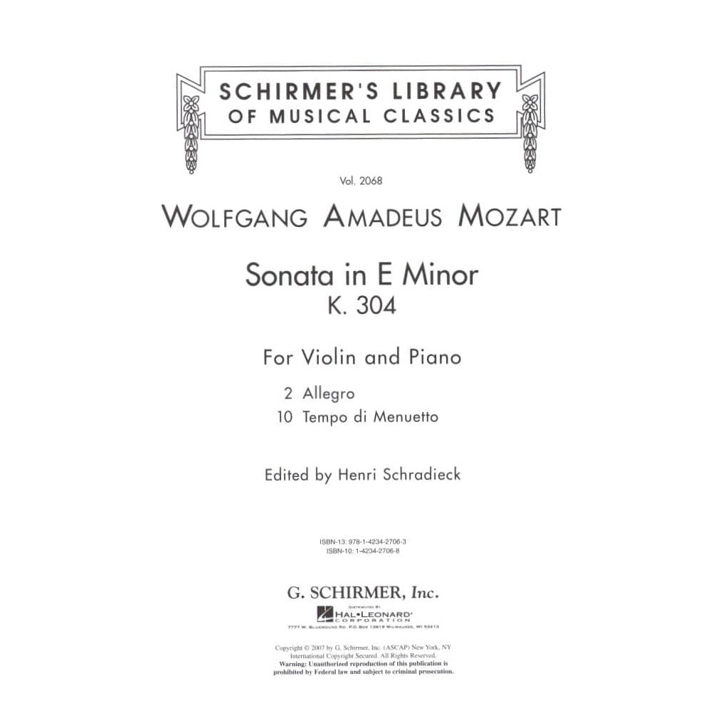 Mozart, WA - Sonata in E Minor, K 304 - Violin and Piano - edited by Schradieck - Schirmer