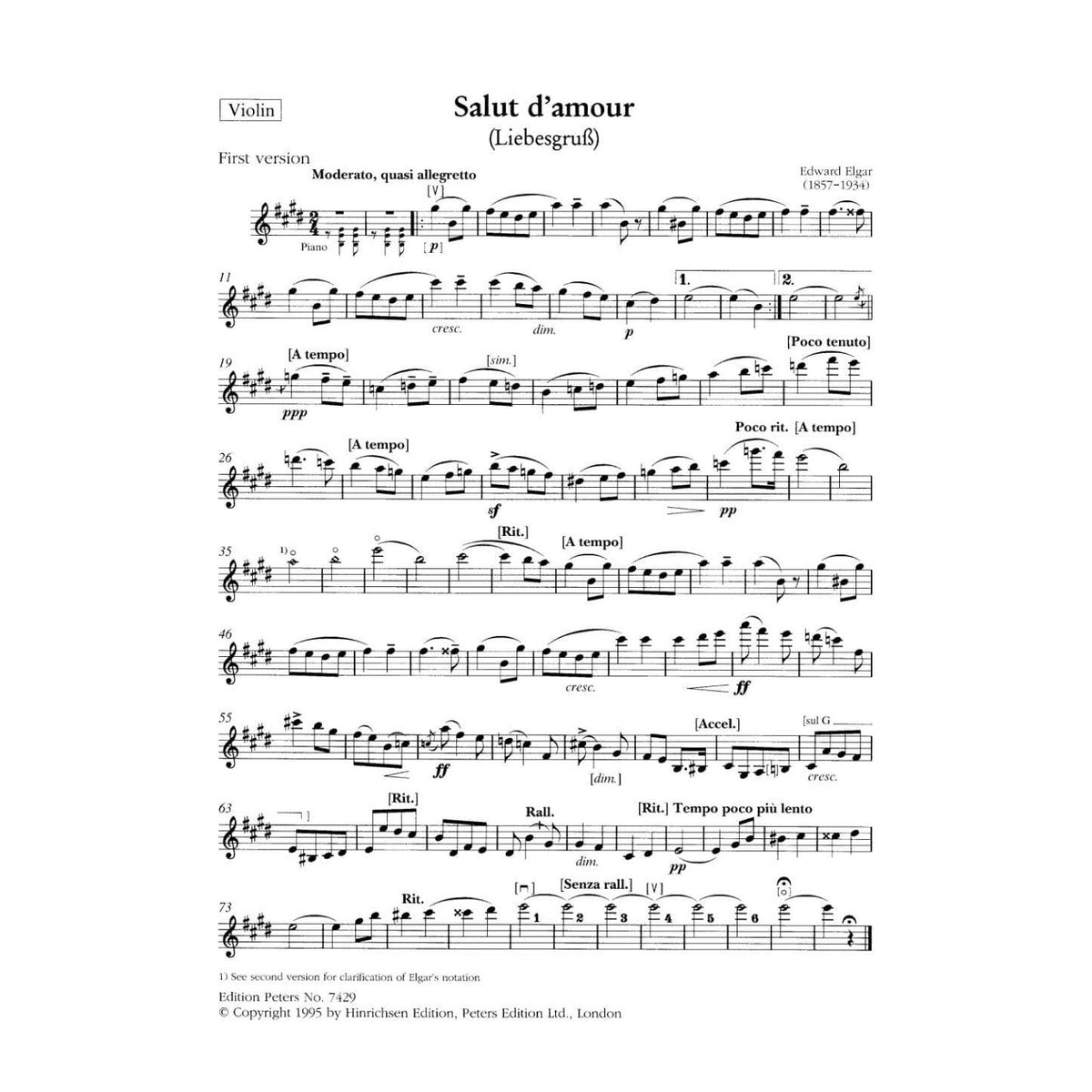 Elgar, Edward - Salut d'amour, Op 12 - Violin and Piano - edited by Donald Burrows - Edition Peters URTEXT