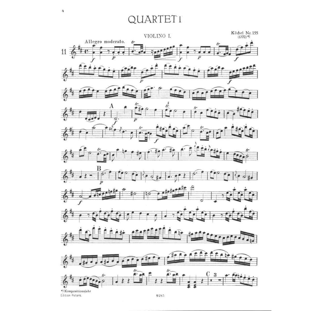 Mozart, WA - String Quartets, Volume 2 - Two Violins, Viola, and Cello - edited by Andreas Moser and Hugo Becker - Edition Peters