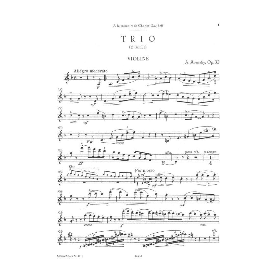 Arensky, Anton - Piano Trio No 1 in d minor, Op 32 for Violin, Cello and Piano - Peters Edition