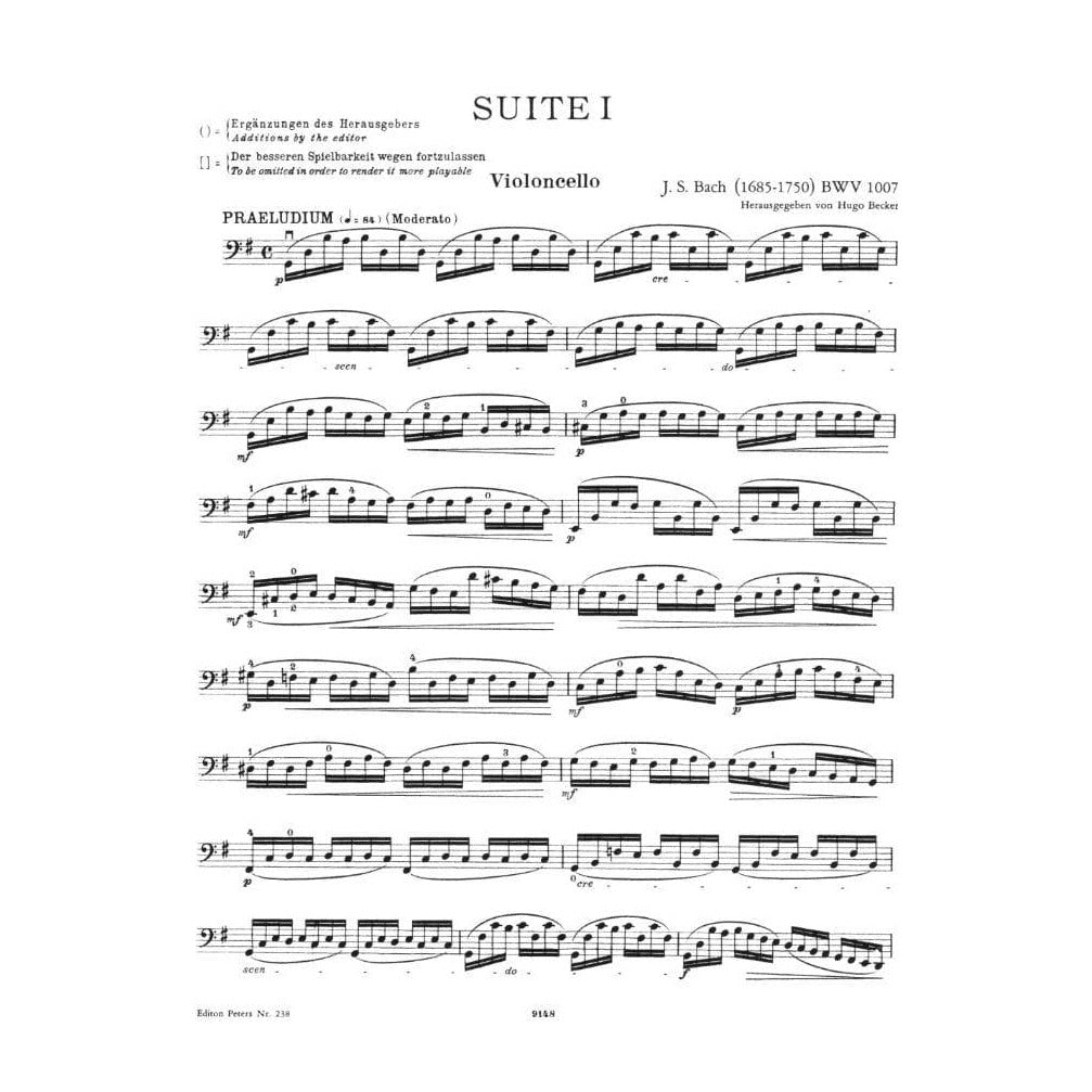 Bach, JS - 6 Suites BWV 1007 1012 for Cello - Arranged by Becker - Peters Edition