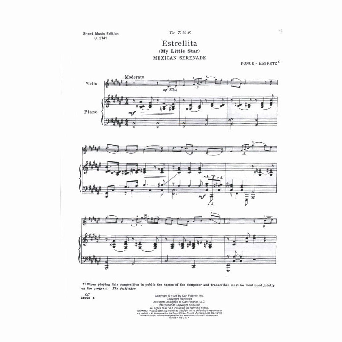 Ponce, M - Estrellita (My Little Star) - for Violin and Piano - arranged by Jascha Heifetz - Carl Fischer