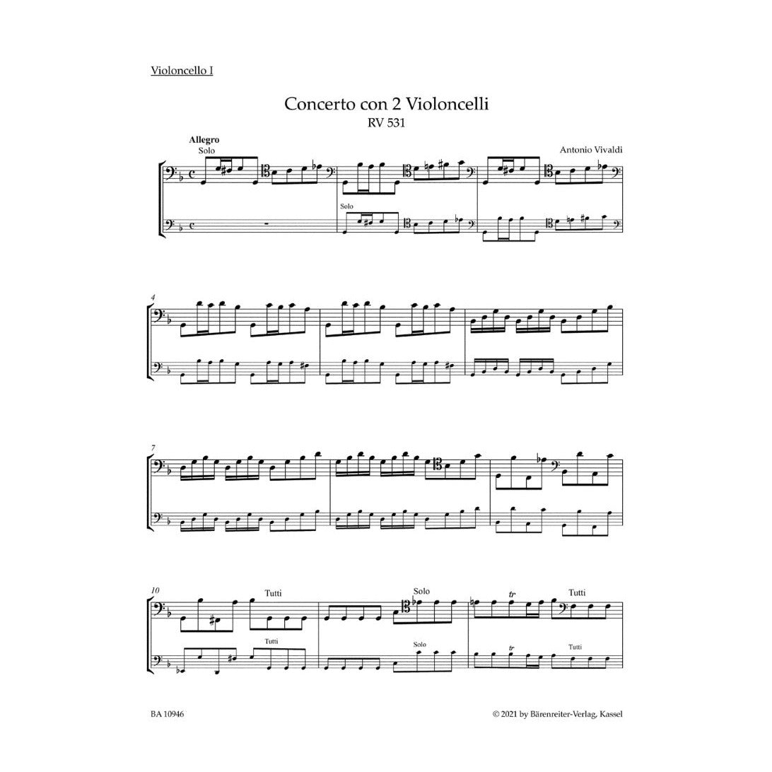 Vivaldi, Antonio - Concerto for two Violoncellos, Strings and Basso continuo in G minor RV 531 - Barenreiter URTEXT