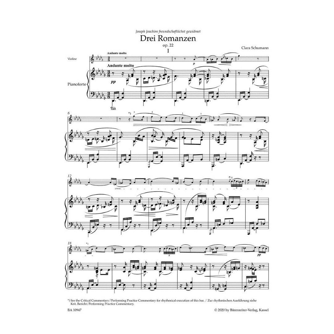 Schumann, Clara - Three Romances for Violin and Piano op. 22 Urtext