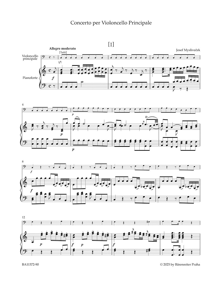 Mysliveček, Josef - Cello Concerto in C Major - Cello and Piano - edited by Spurný - Barenreiter Urtext