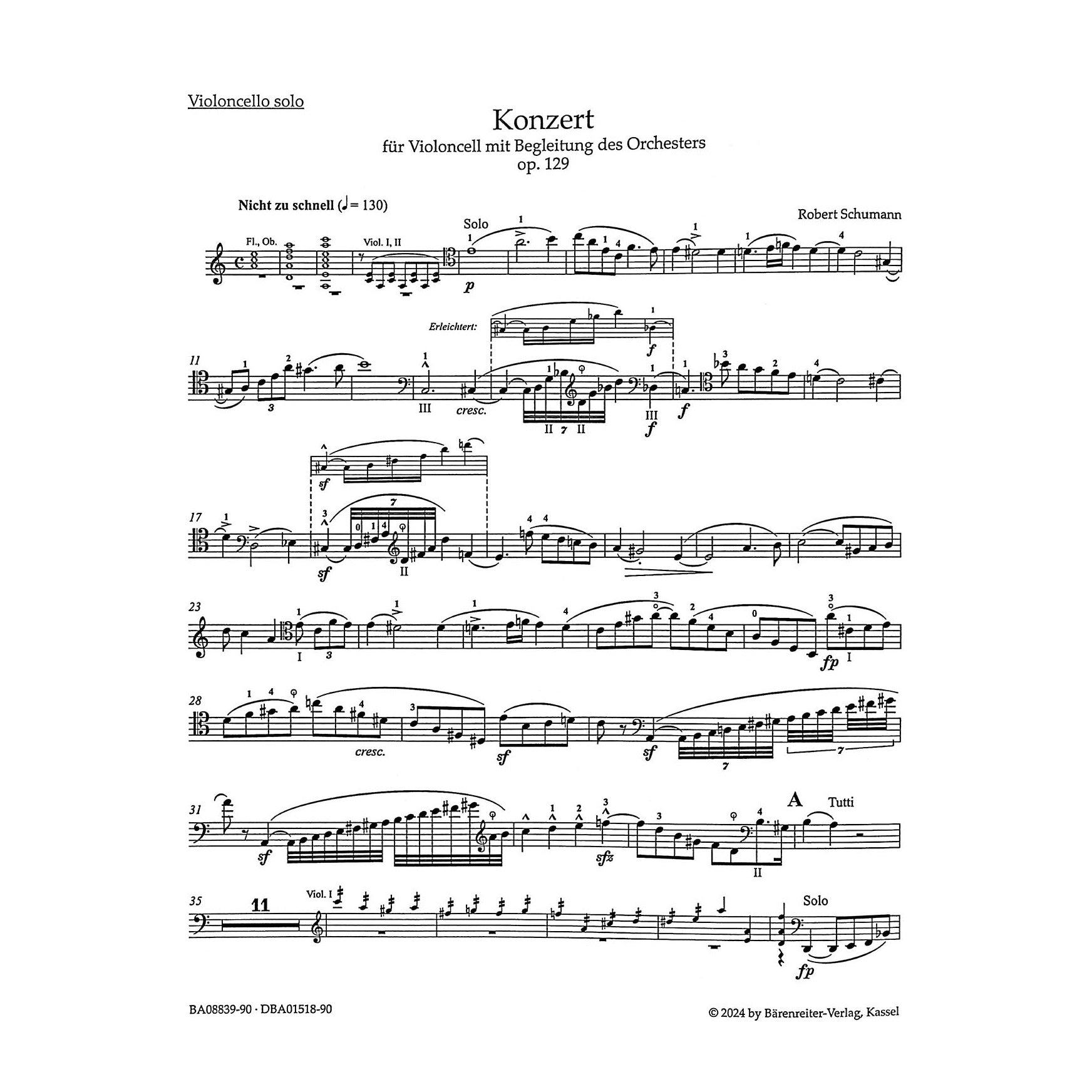 Schumann, Robert - Cello Concerto in a minor, op. 129 for Cello and Piano - Barenreiter Urtext