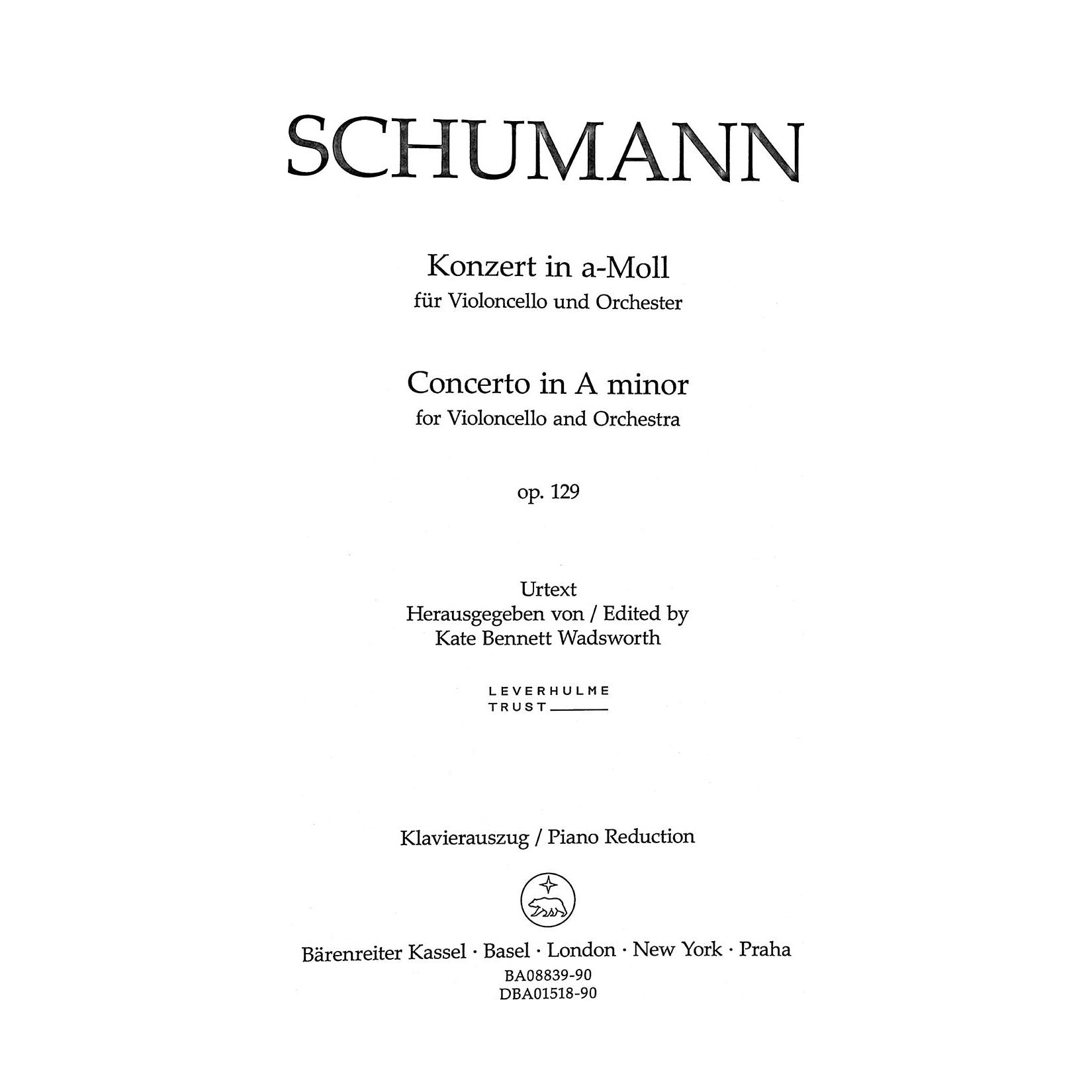 Schumann, Robert - Cello Concerto in a minor, op. 129 for Cello and Piano - Barenreiter Urtext