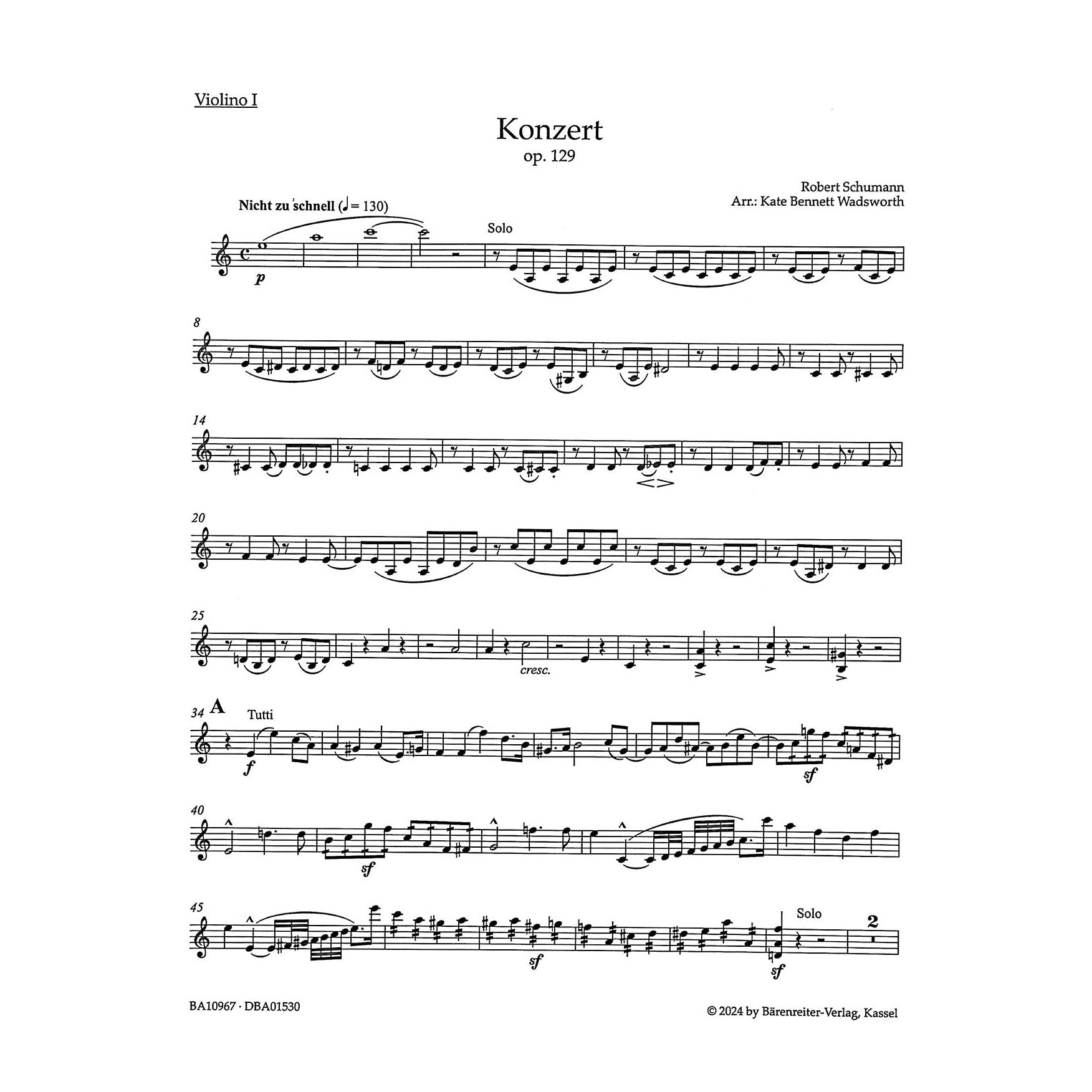Schumann, Robert, trans. Wadsworth - Cello Concerto in a minor, op. 129 for Cello and String Quartet - Barenreiter Urtext