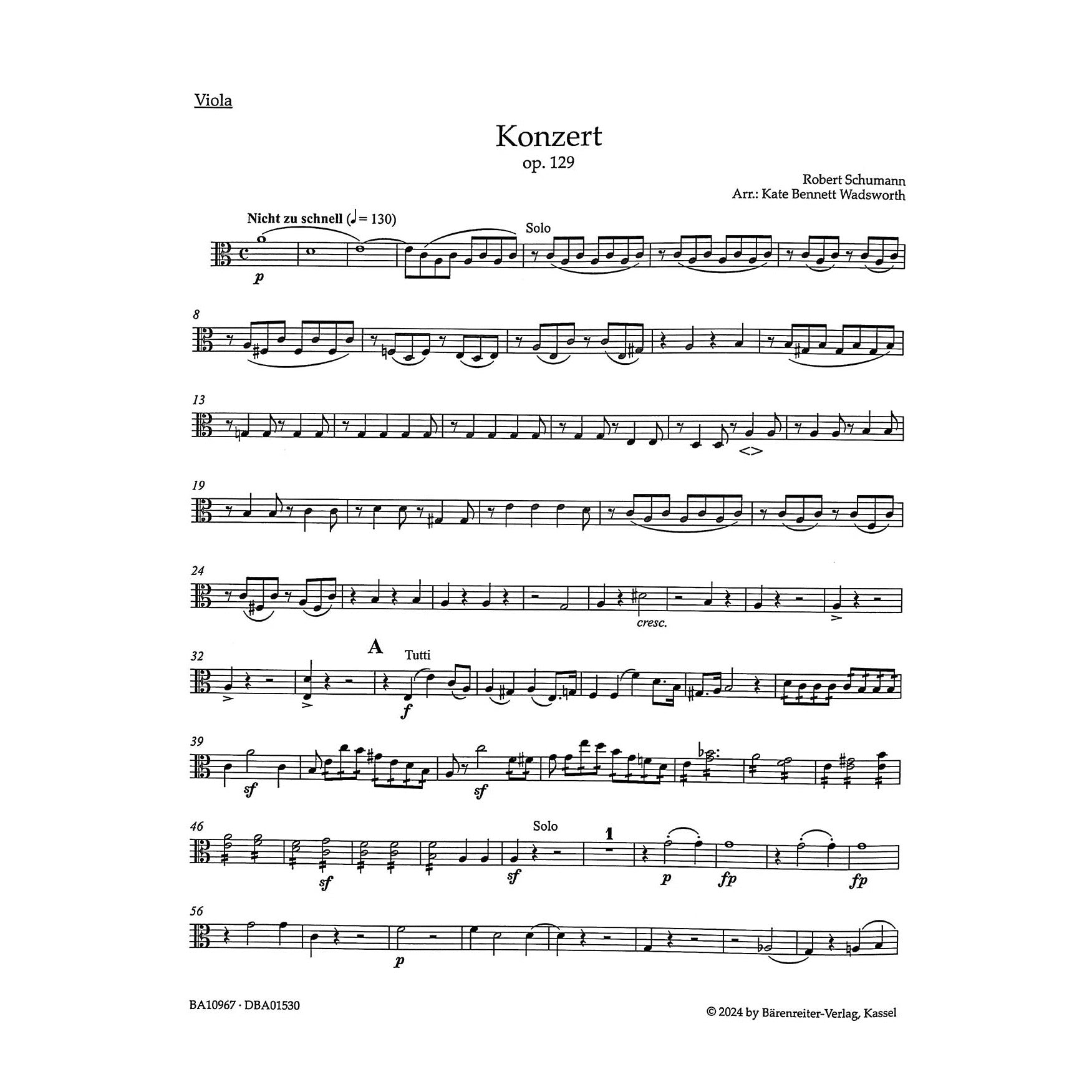 Schumann, Robert, trans. Wadsworth - Cello Concerto in a minor, op. 129 for Cello and String Quartet - Barenreiter Urtext