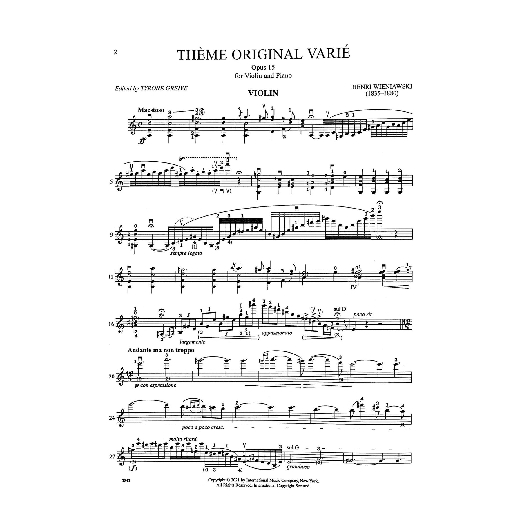 Wieniawski, Henri - Theme Original Varie Opus 15 - Violin and Piano - Edited by Greive - International Music Co.