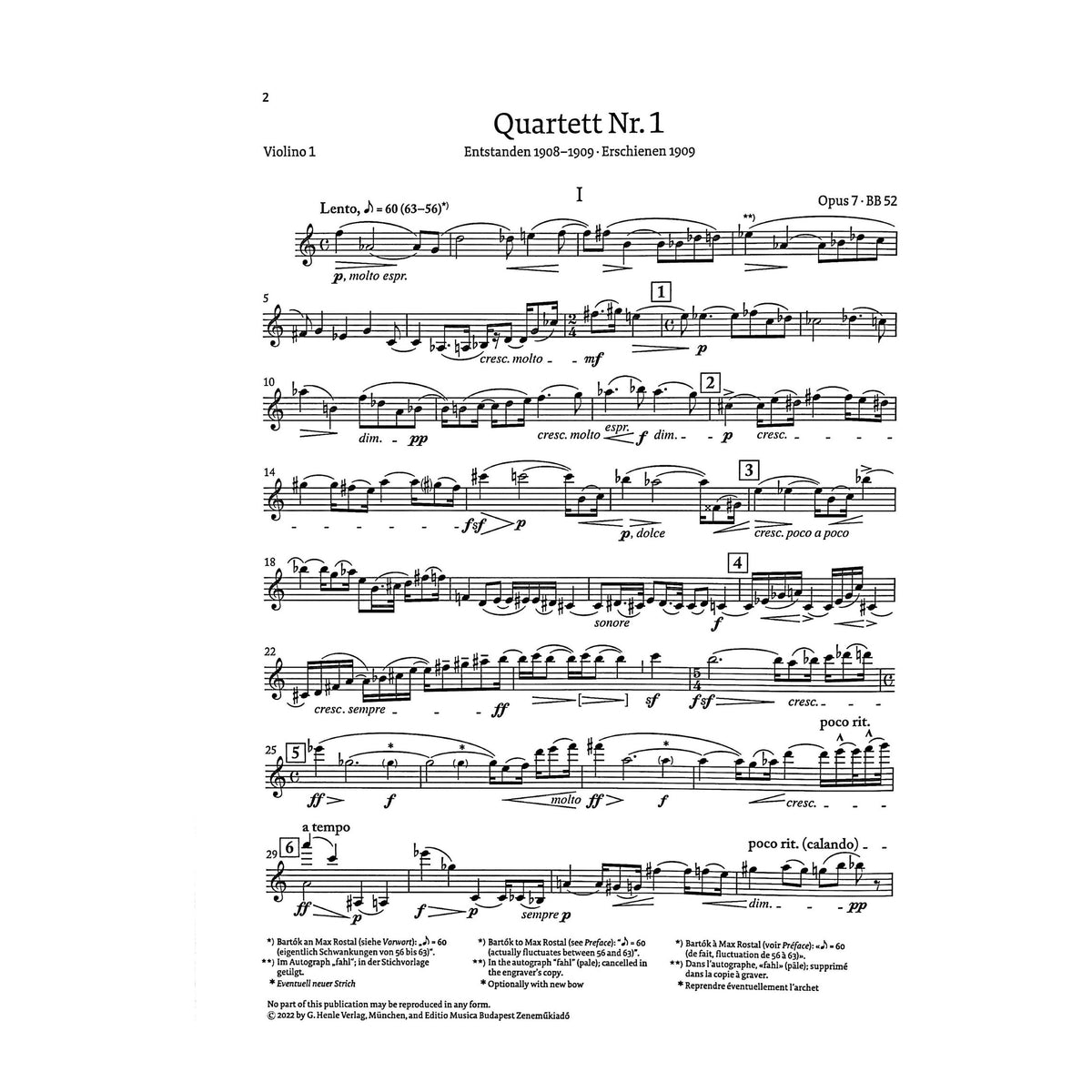 Bartok, Bela - String Quartet no. 1 op. 7 - Edited by Somfai - G. Henle Verlag