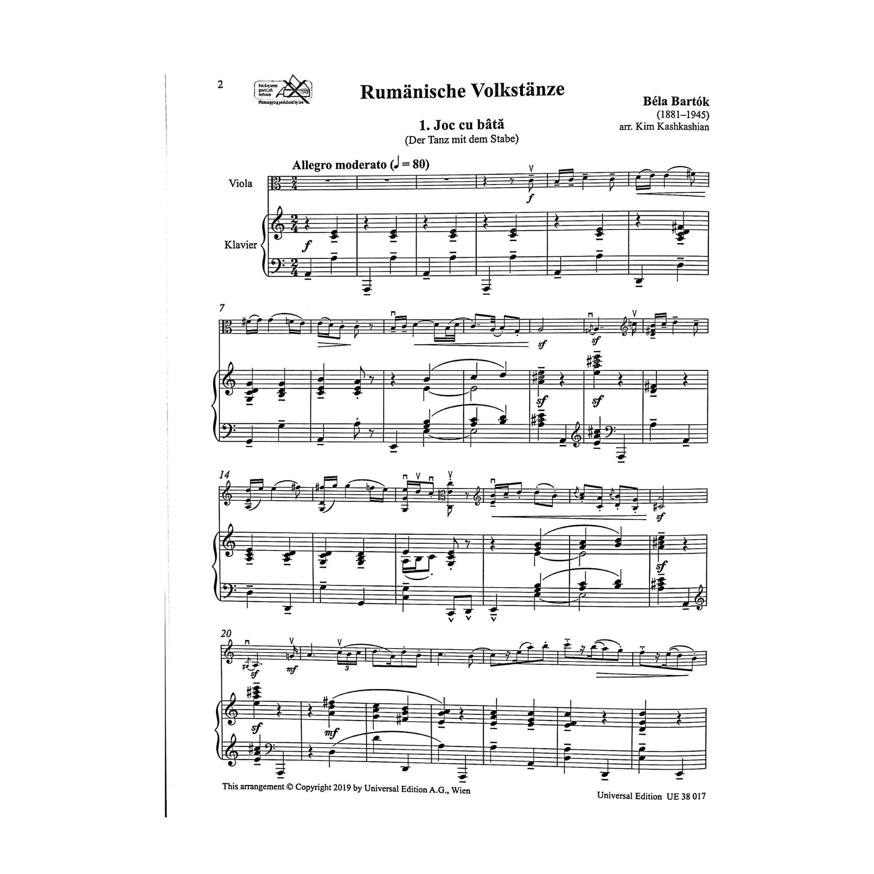 Bartok, Bela - Rumänische Volkstänze for Viola and Piano