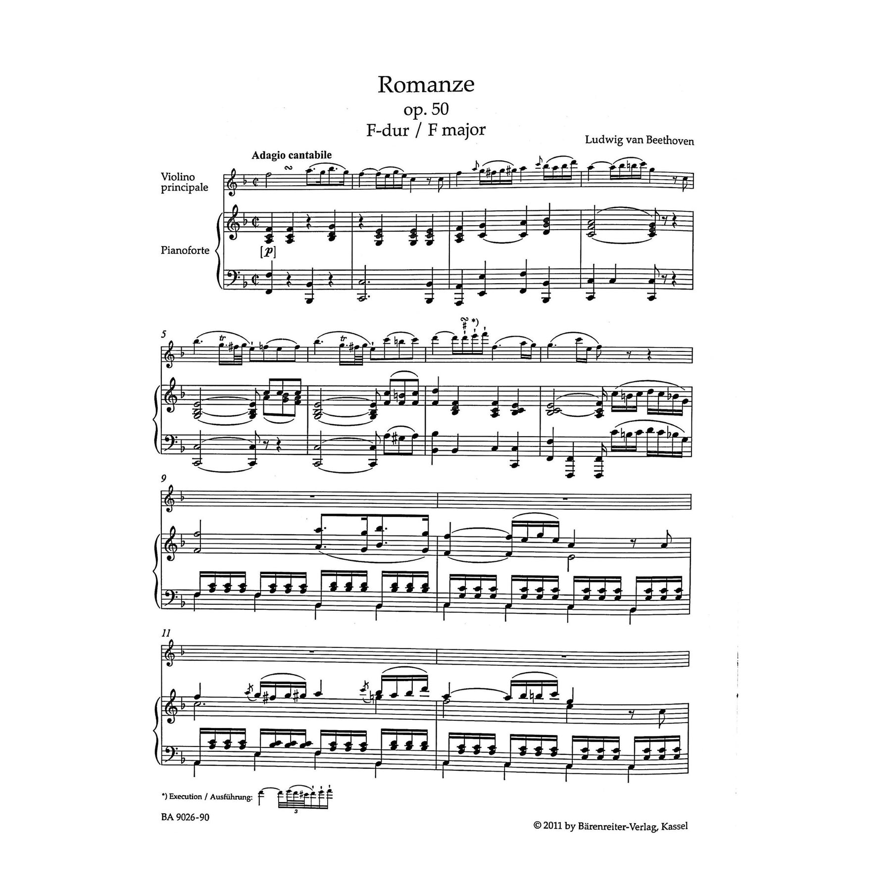 Beethoven, Ludwig - Romances in F major and G major for Violin and Orchestra Op 50 - Op 40 - edited by Detlef Hahn - Bärenreiter