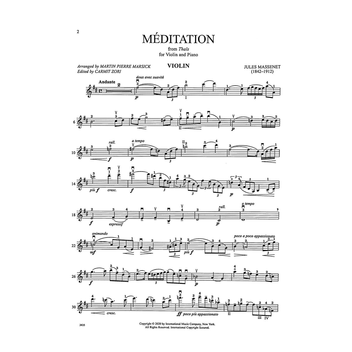 Massenet, Jules - Meditation from Thais - Violin and Piano - Edited by Marsick/Zori - International Music Co.