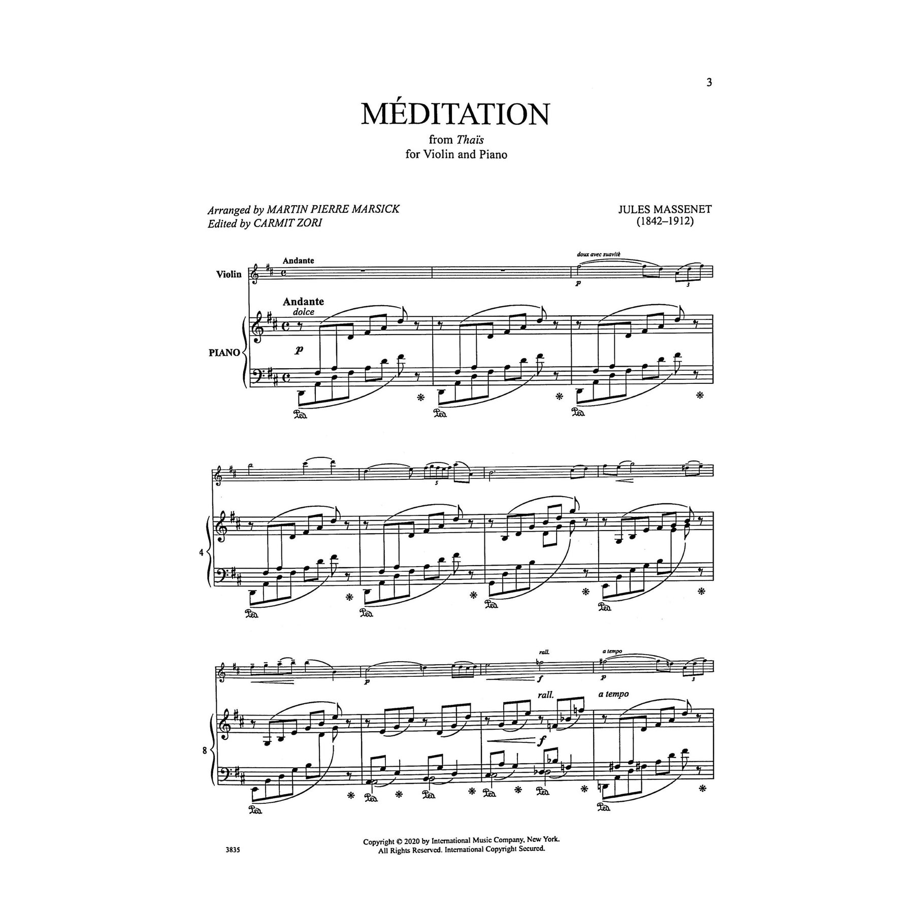 Massenet, Jules - Meditation from Thais - Violin and Piano - Edited by Marsick/Zori - International Music Co.