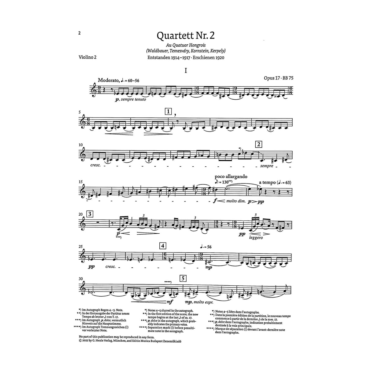Bartok, Bela - String Quartet no. 2 op. 17 - Edited by Somfai - G. Henle Verlag