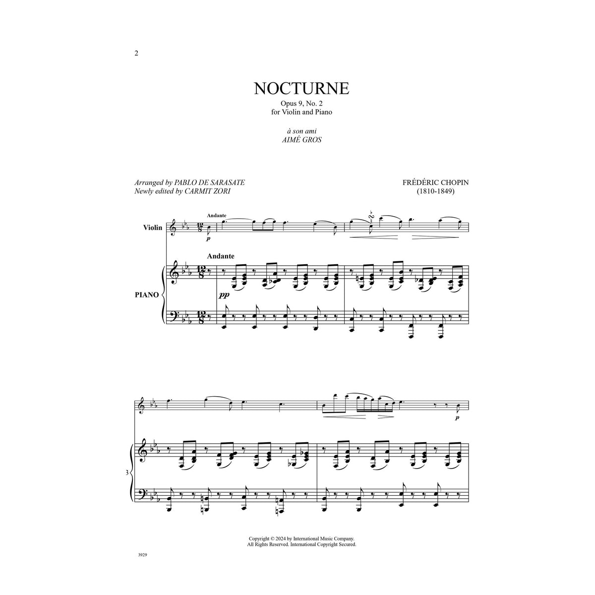 Chopin, Frédéric - Nocturne Opus, No. 2-Violin and Piano - Edited by Sarasate and Zori - International Music Co.