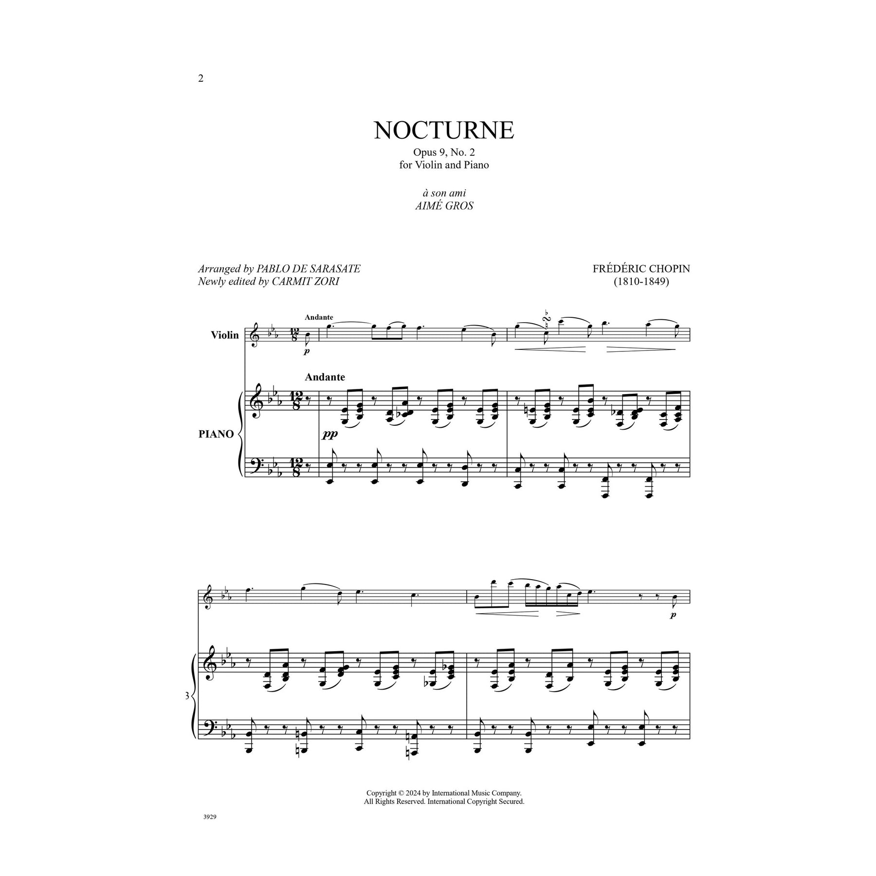 Chopin, Frédéric - Nocturne Opus, No. 2-Violin and Piano - Edited by Sarasate and Zori - International Music Co.