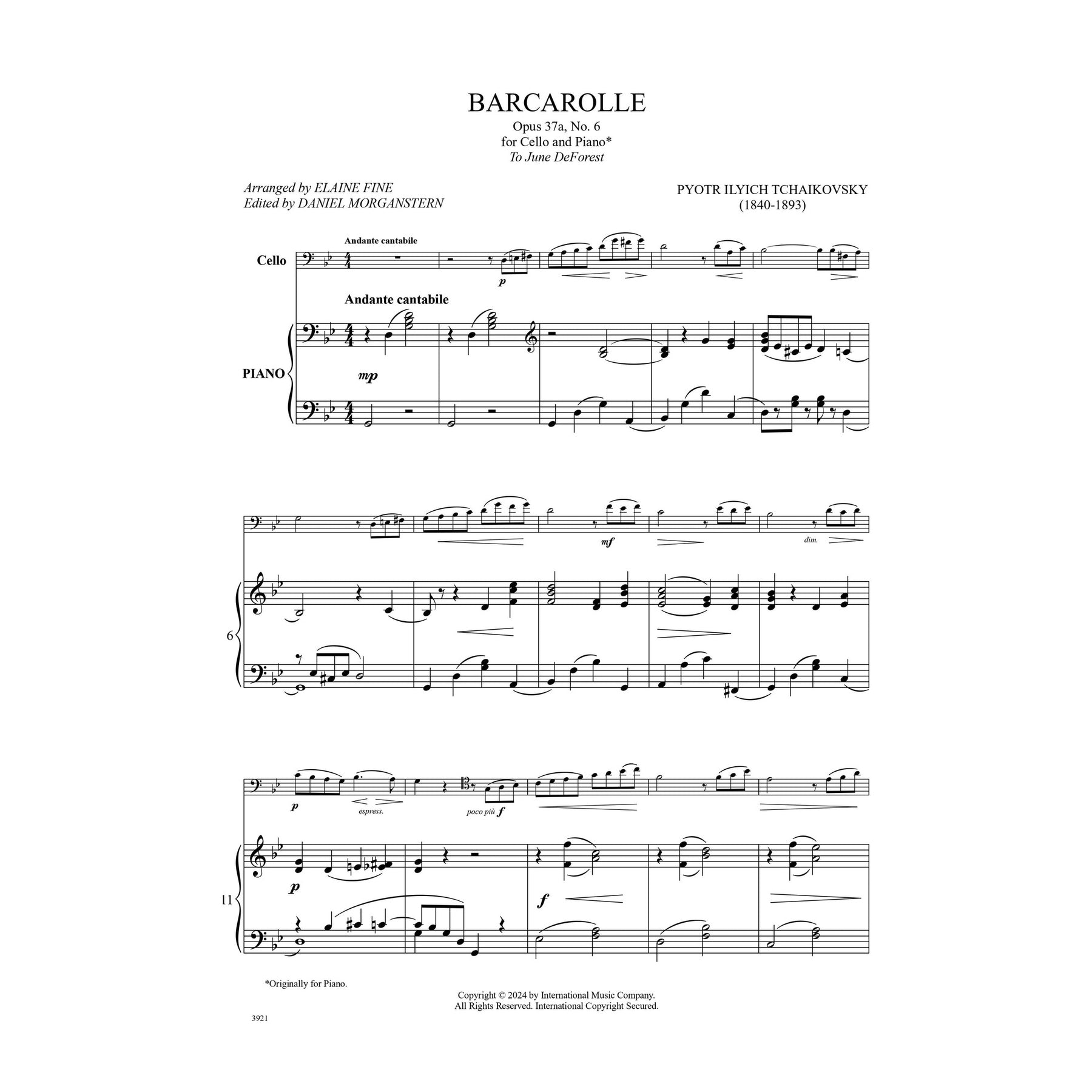 Tchaikovsky, Pyotr - Barcarolle Opus 37a, No. 6 - Cello and Piano - Edited by Fine and Morganstern - International Music Co.