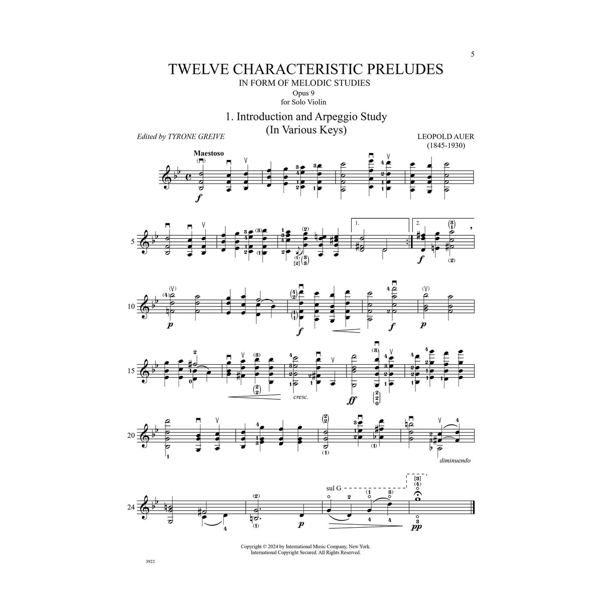 Auer, Leopold - Twelve Characteristic Preludes for Violin Solo, Op. 9 - Edited by Greive - International Music Co