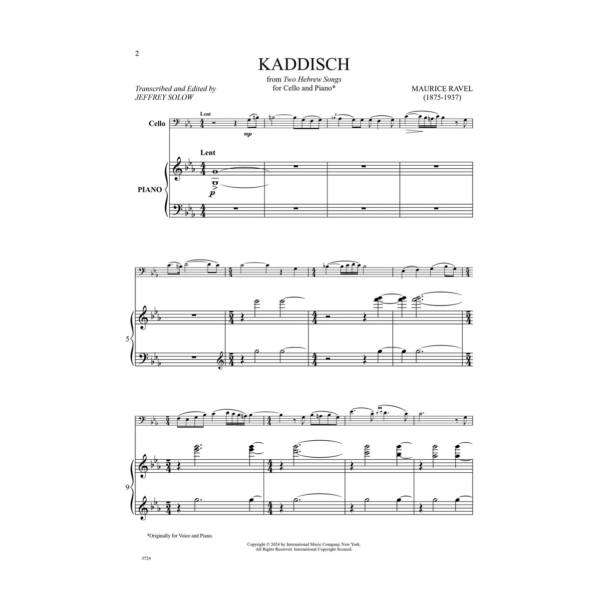 Ravel, Maurice - Kaddisch from Two Hebrew Songs for Cello and Piano - Edited by Solow - International Music Co.