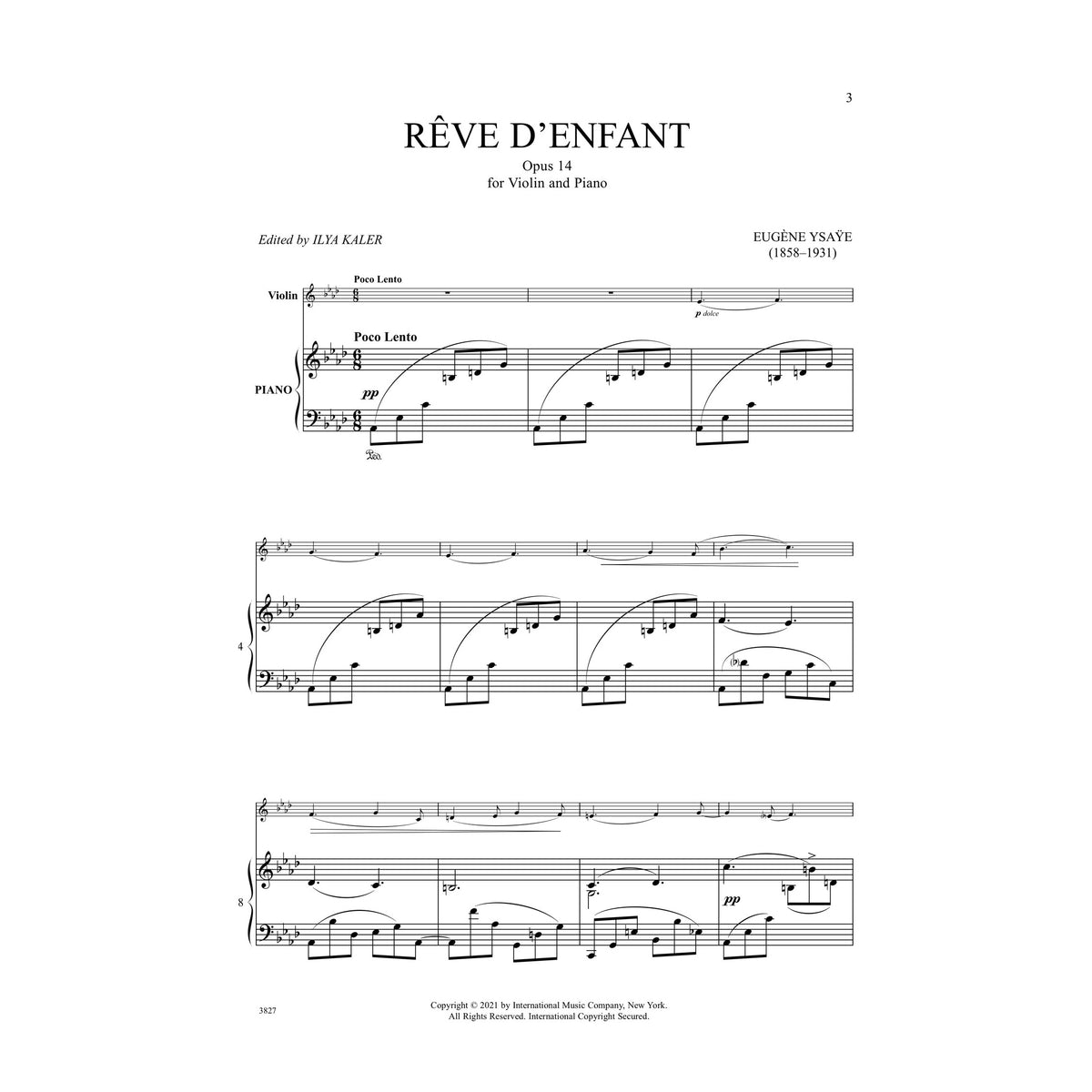 Ysaye, Eugene - Reve D'Enfant Opus 14 - Violin and Piano - Edited by Kaler - International Music Co.