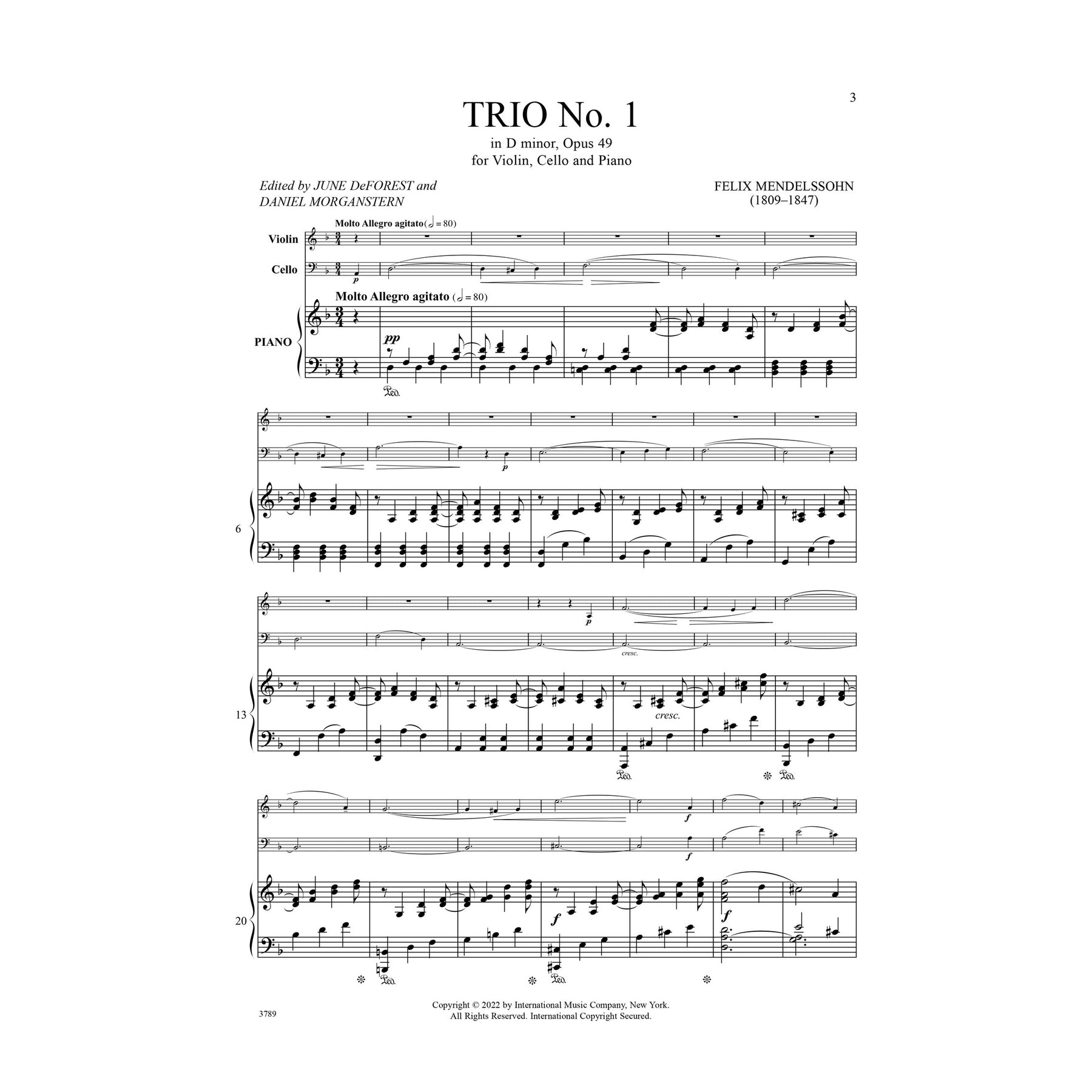 Mendelssohn, Felix - Trio No.1 in D minor, Opus 49 - Violin, Cello, and Piano - Edited by DeForest/Morganstern - International Music Co.