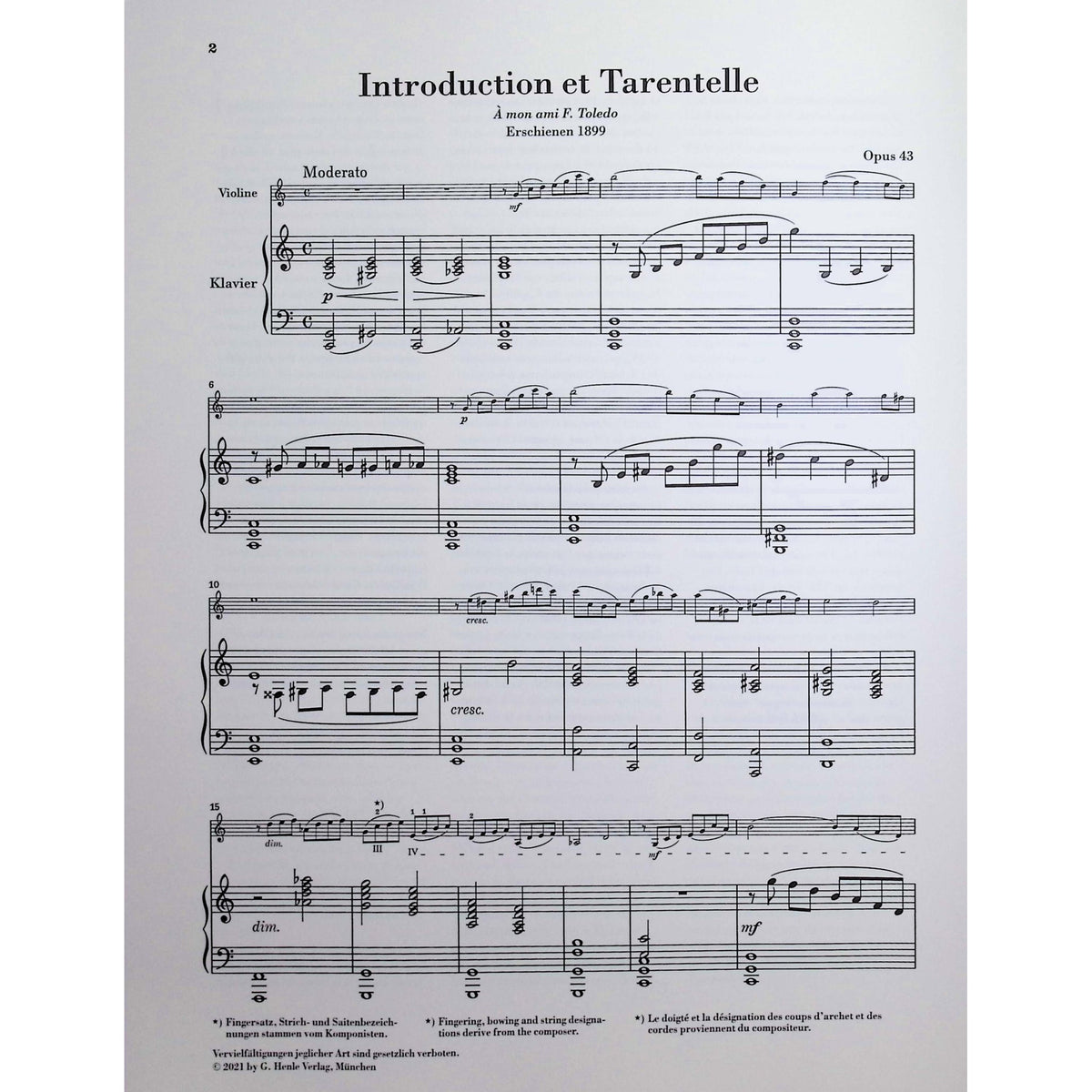 Sarasate, de Pablo - Introduction et Tarentelle op. 43 for Violin and Piano - Edited by Jost - G. Henle Verlag