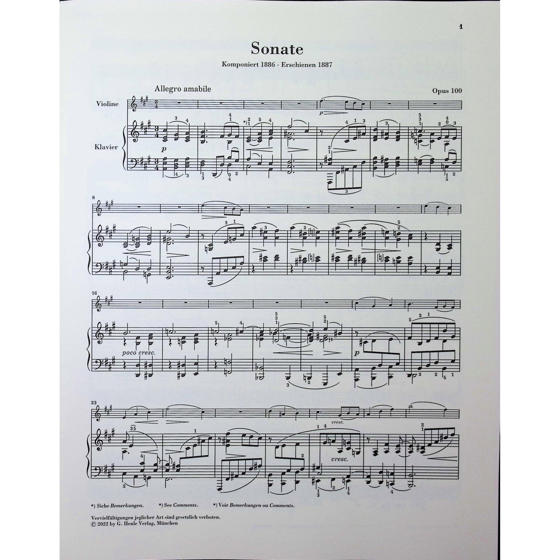 Brahms, Johannes - Sonata in A major op. 100 for Piano and Violin - Edited by Wiechart - G. Henle Verlag
