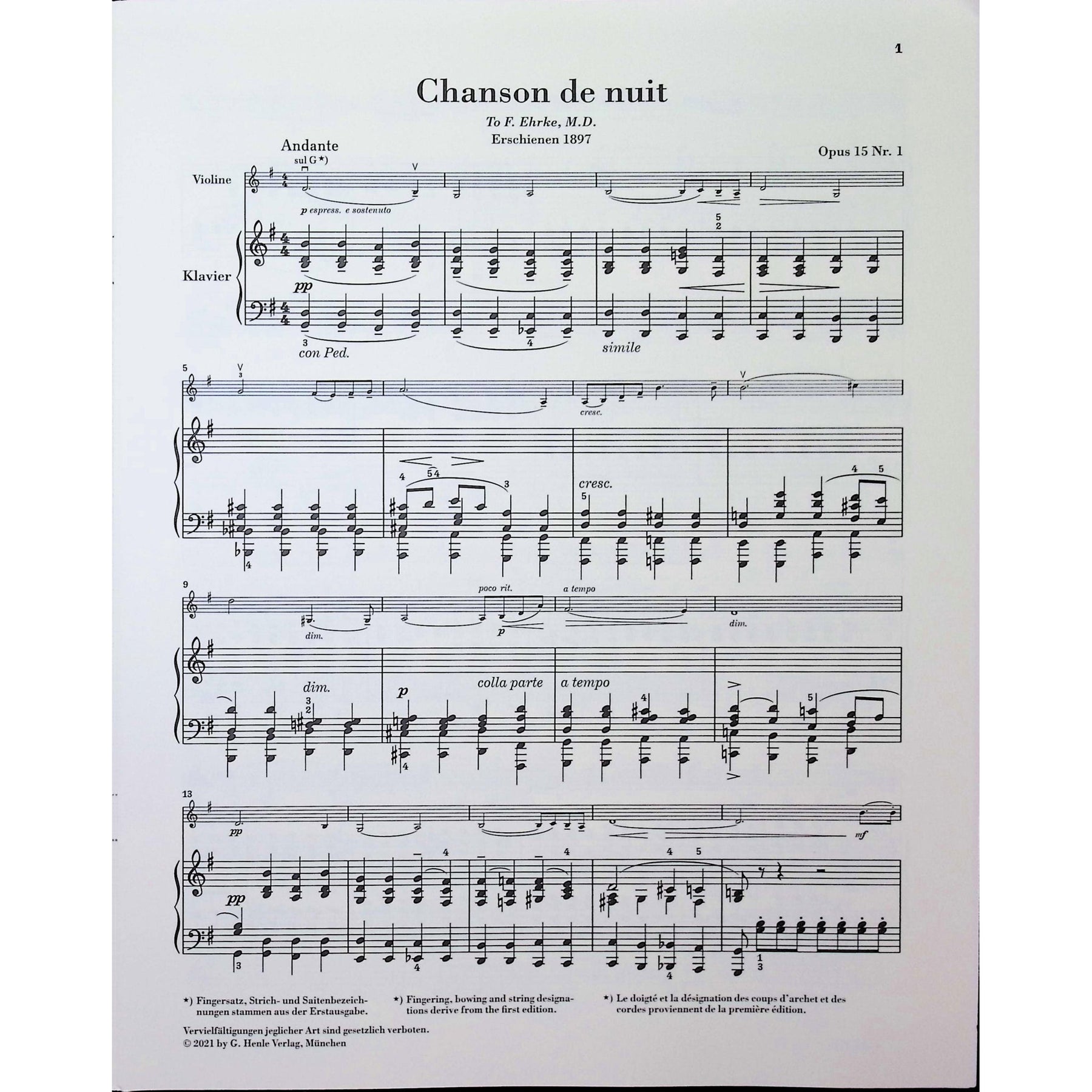 Elgar, Edward - Chanson de nuit and Chanson de matin op. 15 for Violin and Piano - Edited by Marshall-Luck - G. Henle Verlag