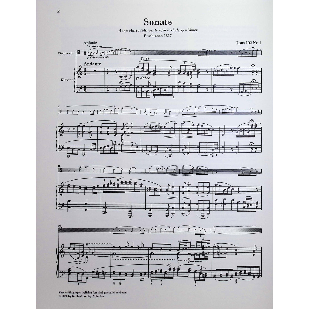 Beethoven, van Ludwig - Sonata in C major op. 102 no. 1 for Piano and Violoncello - Edited by Dufner - G. Henle Verlag