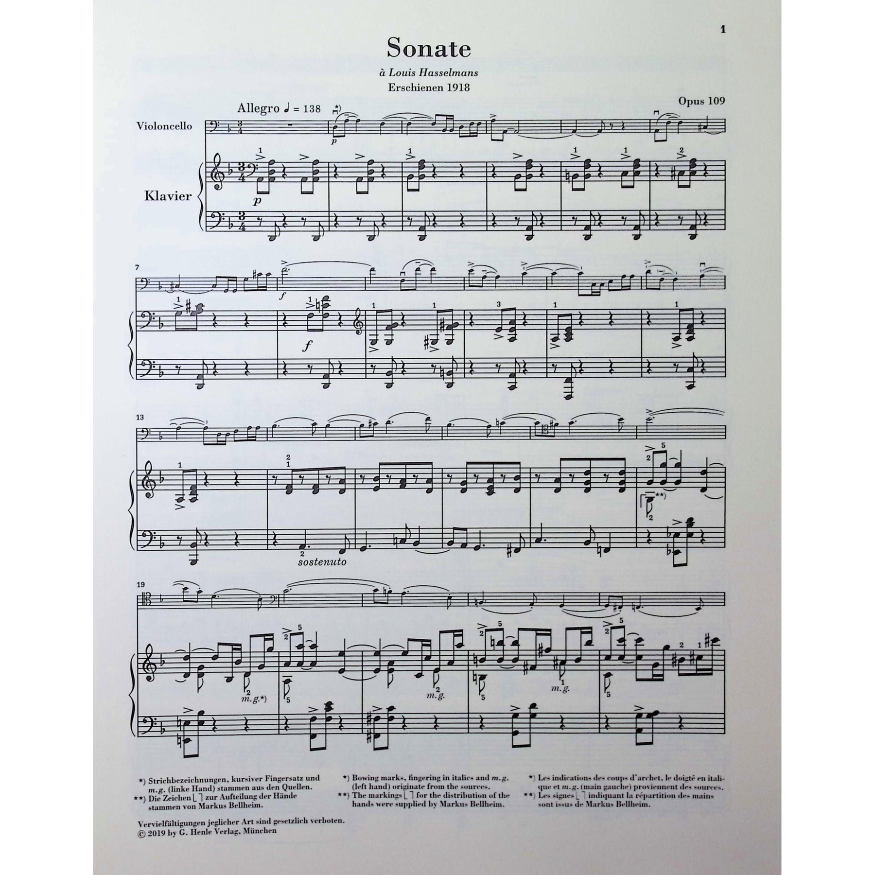 Faure, Gabriel - Sonata no. 1 in d minor op. 109 for Violoncello and Piano - Edited by Kolb - G. Henle Verlag
