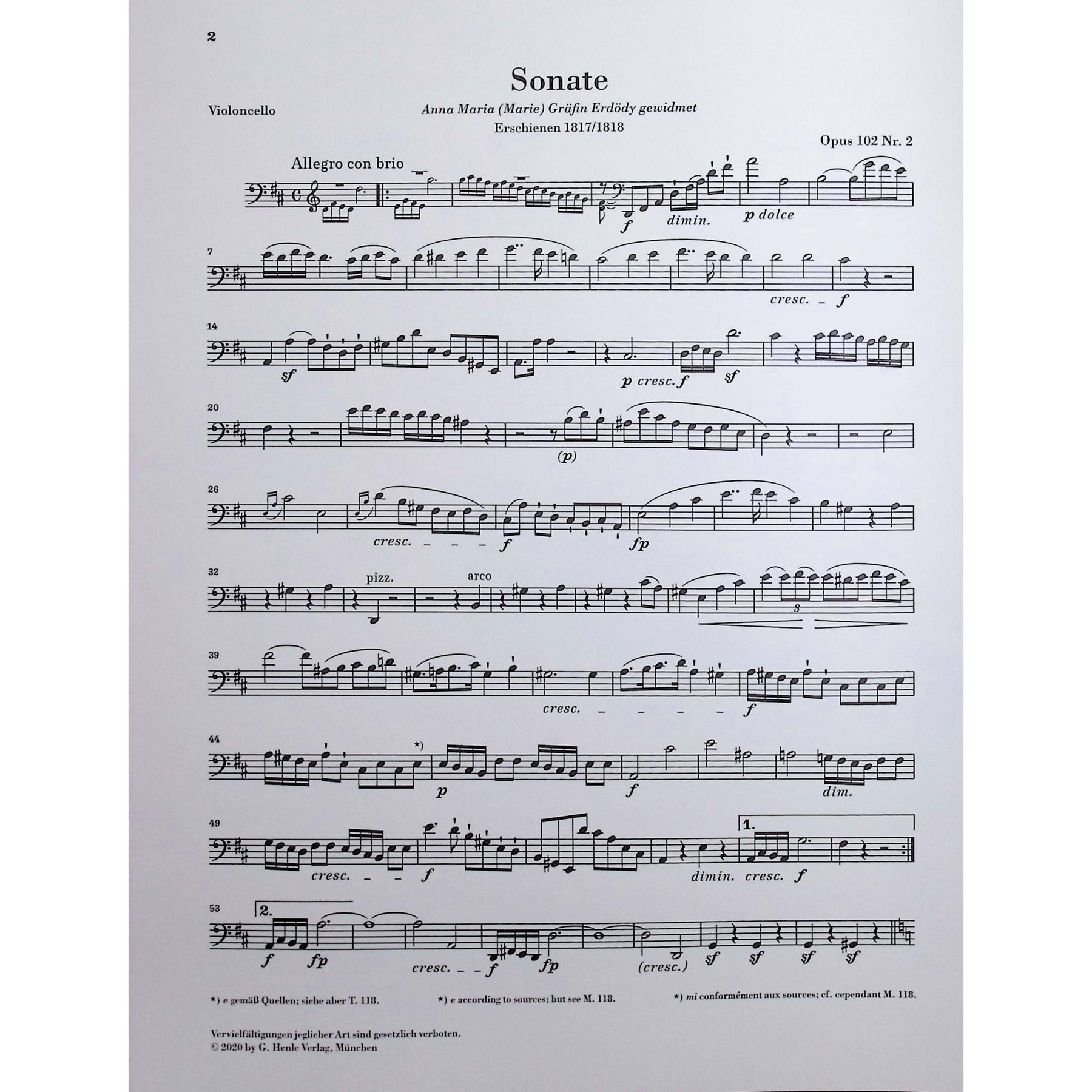 Beethoven, van Ludwig - Sonata in D major op. 102 no. 2 for Piano and Violoncello - Edited by Dufner - G. Henle Verlag