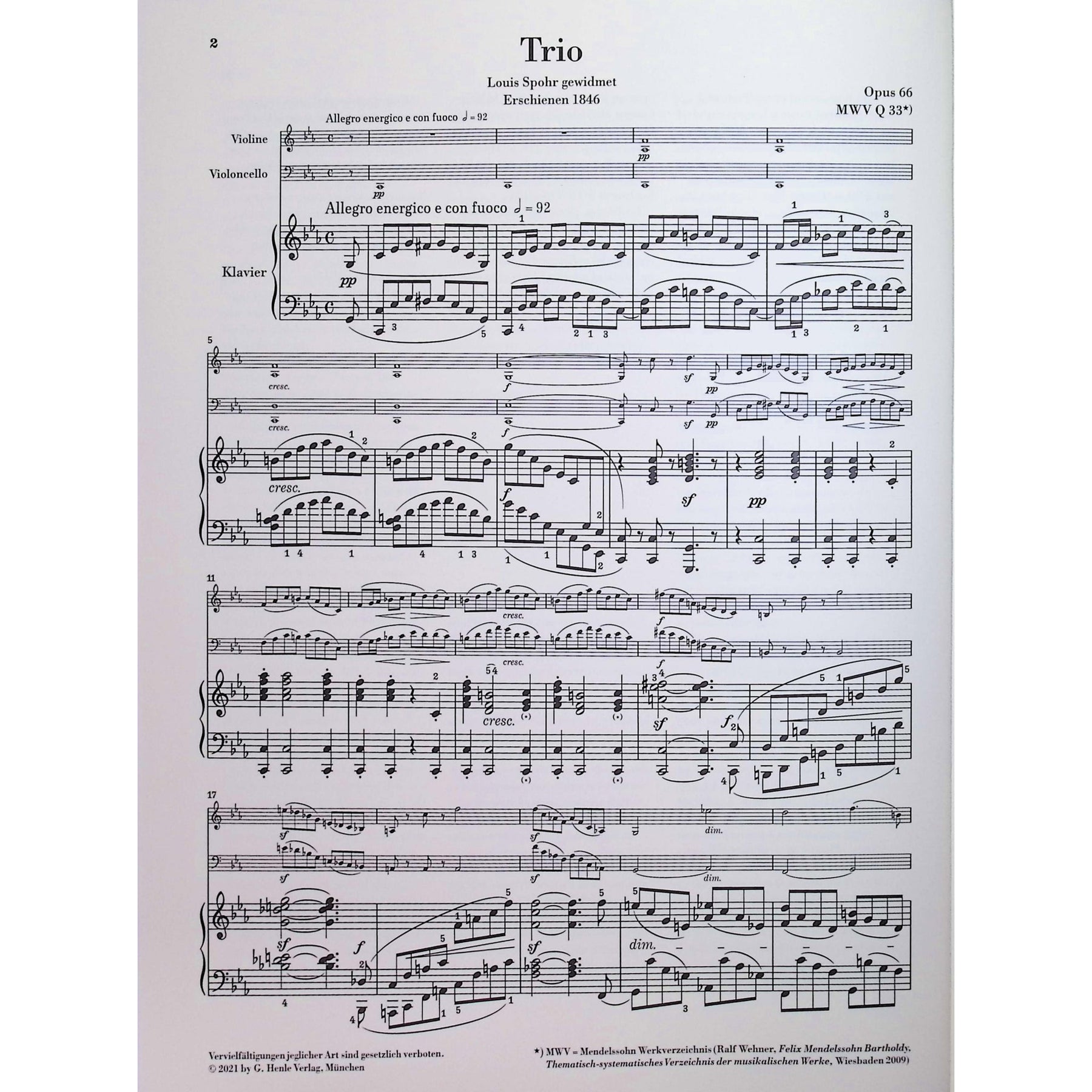 Mendelssohn, Felix - Piano Trio no. 2 in c minor op. 66 - Edited by Herttrich - G. Henle Verlag