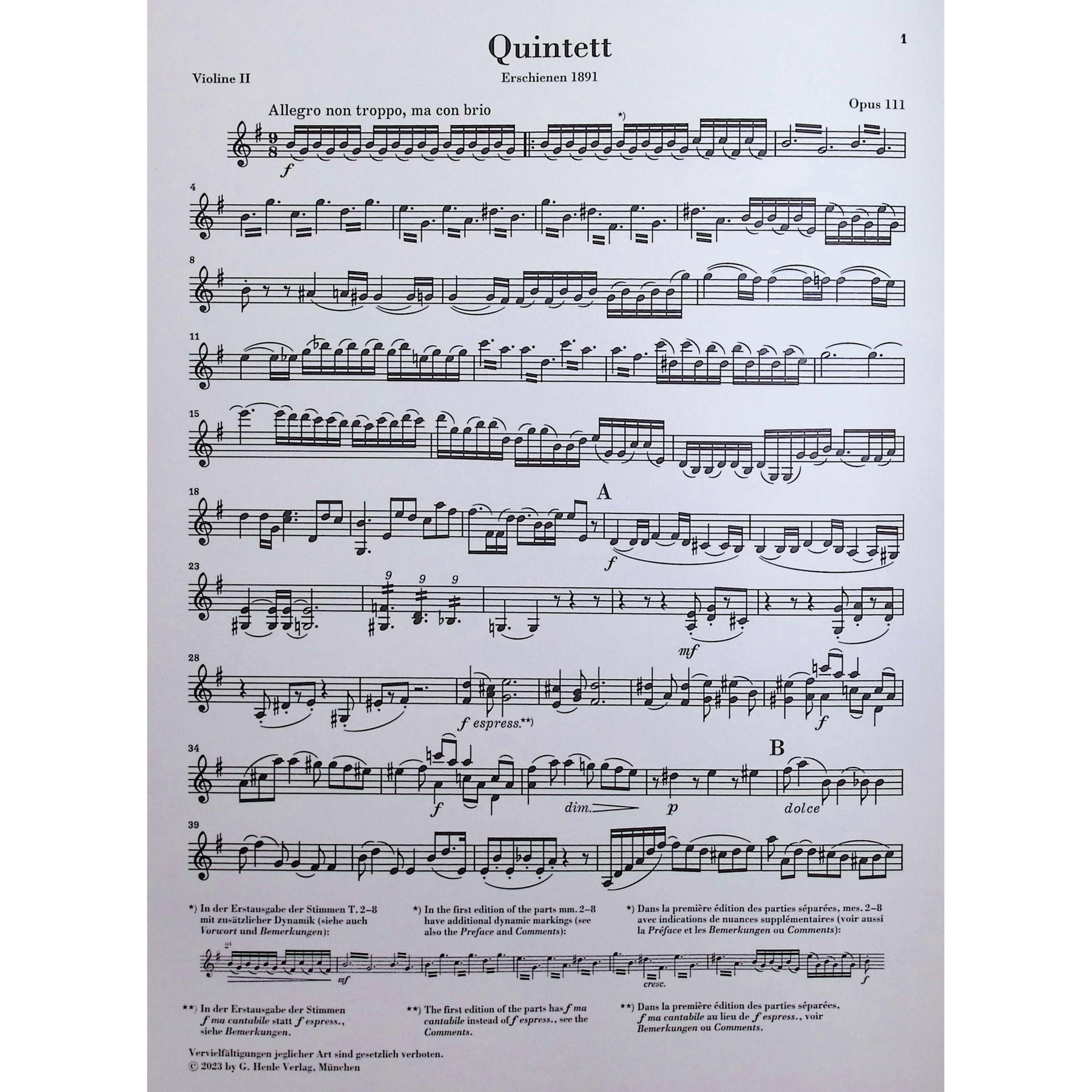 Brahms, Johannes - String Quintet no. 2 - Edited by Kirsch - G. Henle Verlag