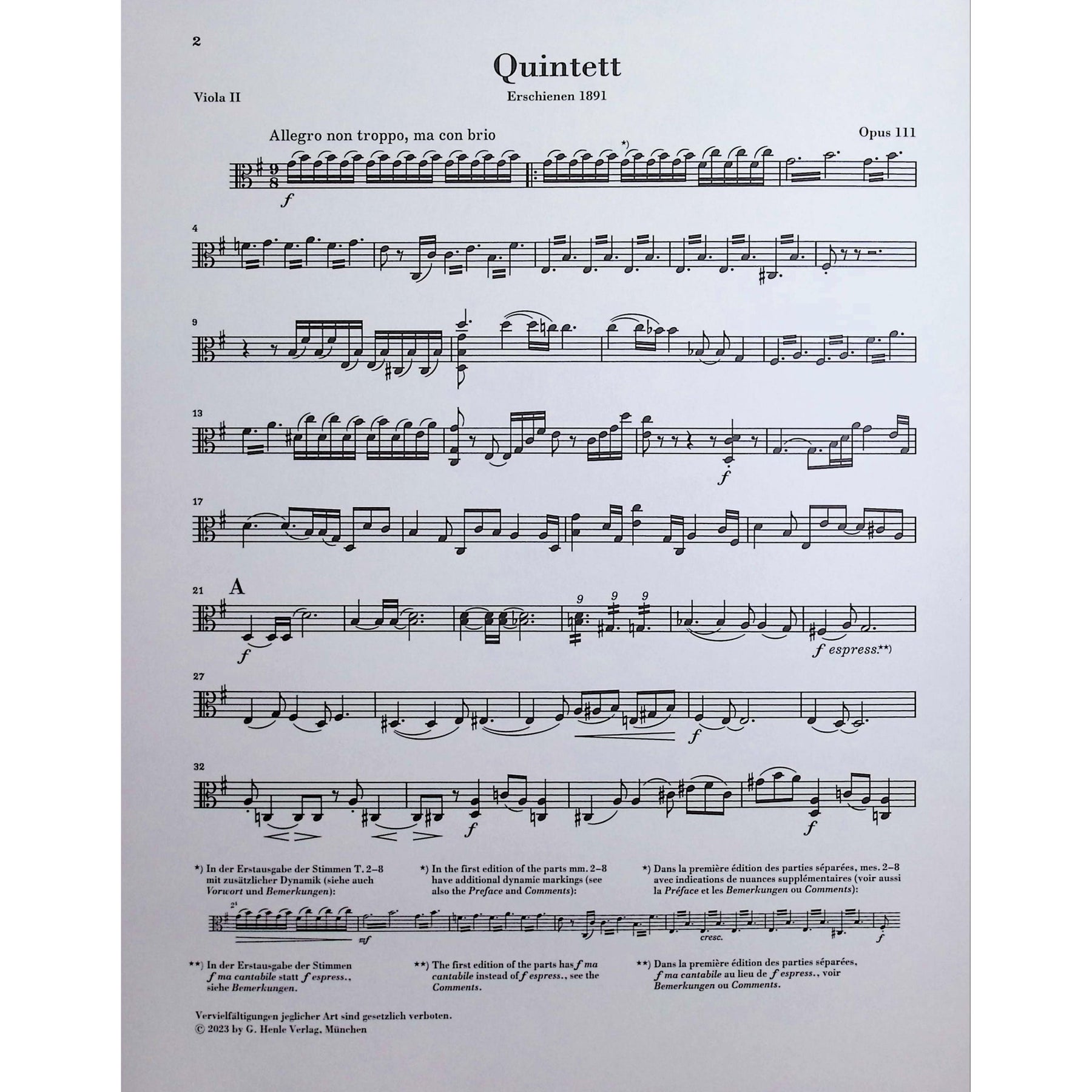 Brahms, Johannes - String Quintet no. 2 - Edited by Kirsch - G. Henle Verlag