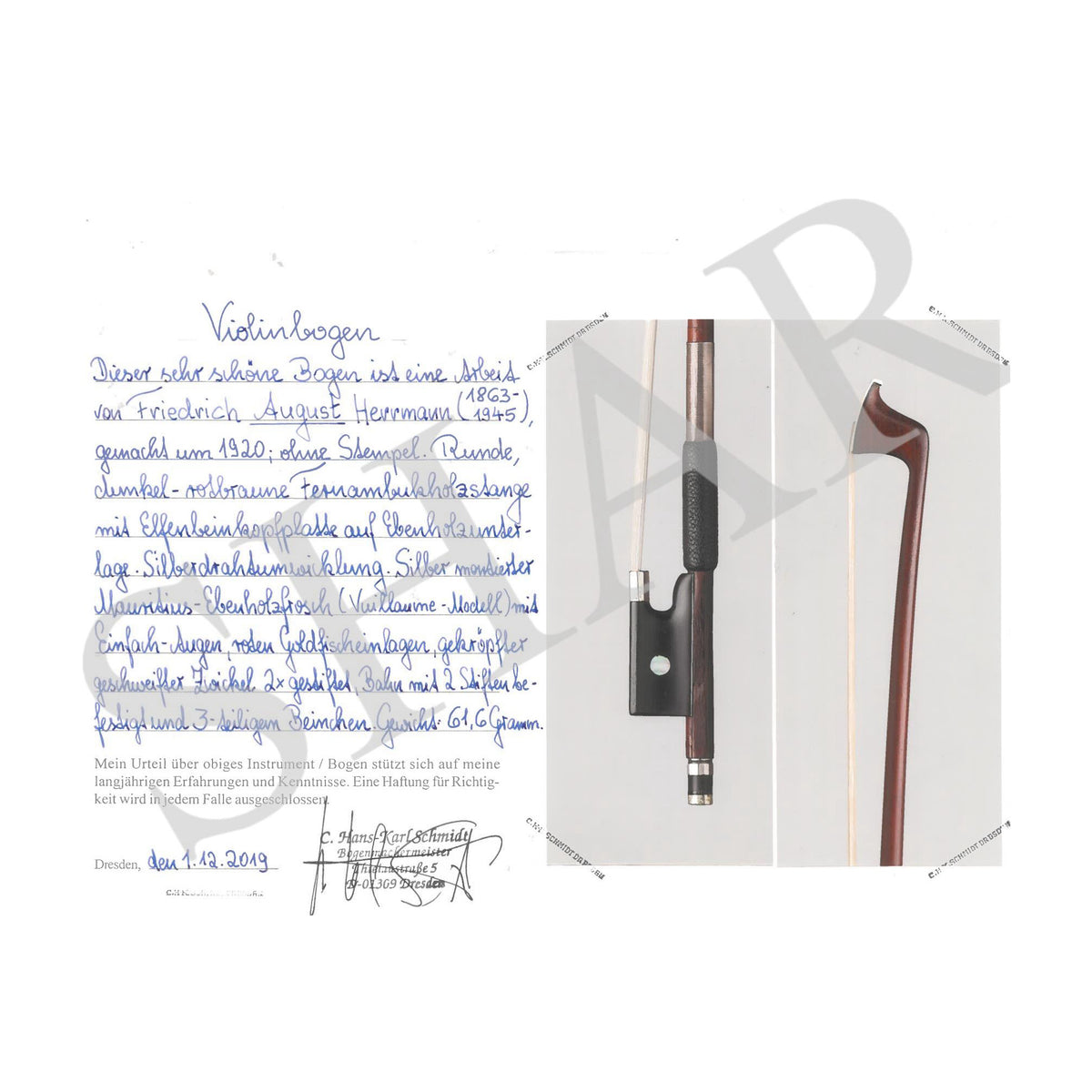 Friedrich August Herrmann Violin Bow, Markneukirchen, c.1920 w/ Certificate